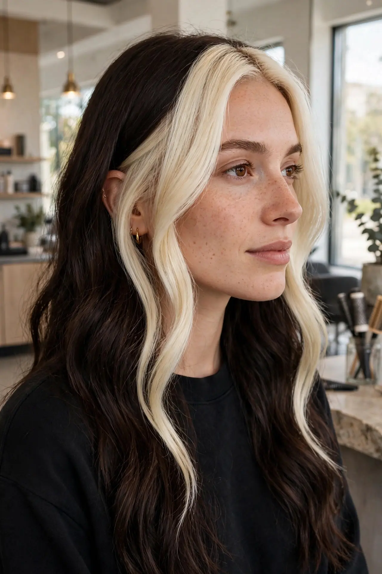 Money piece highlights on long dark brown hair, two bold platinum blonde sections framing the face while the rest stays deep brown