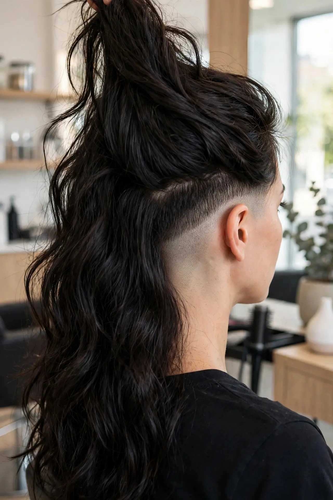 Undercut layers revealed with the top layer of long dark hair lifted, a closely cropped undercut section at the nape and side beneath full lengths