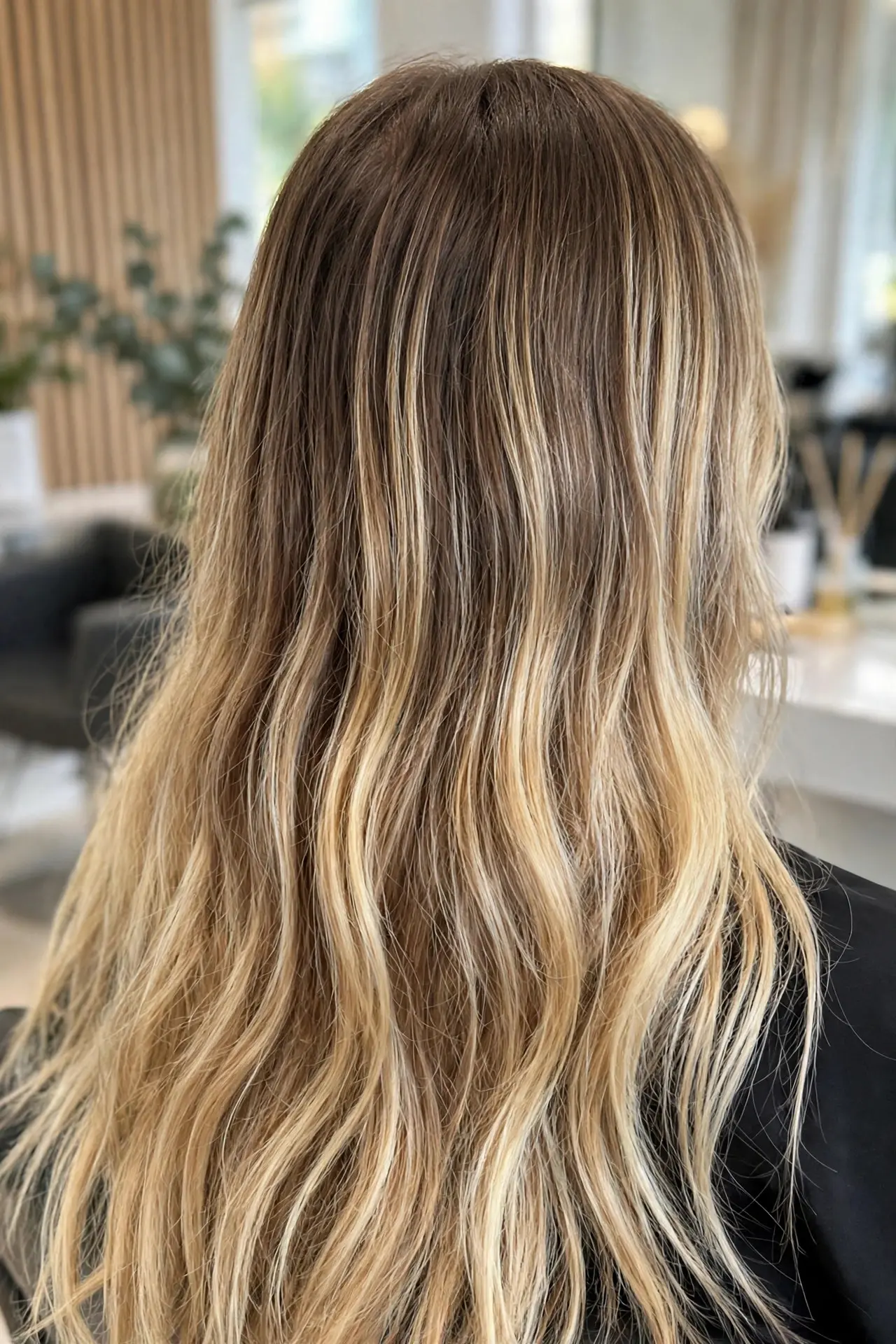 Root smudge color seen from the back, soft shadowy brown roots melting seamlessly into bright blonde lengths with no harsh line