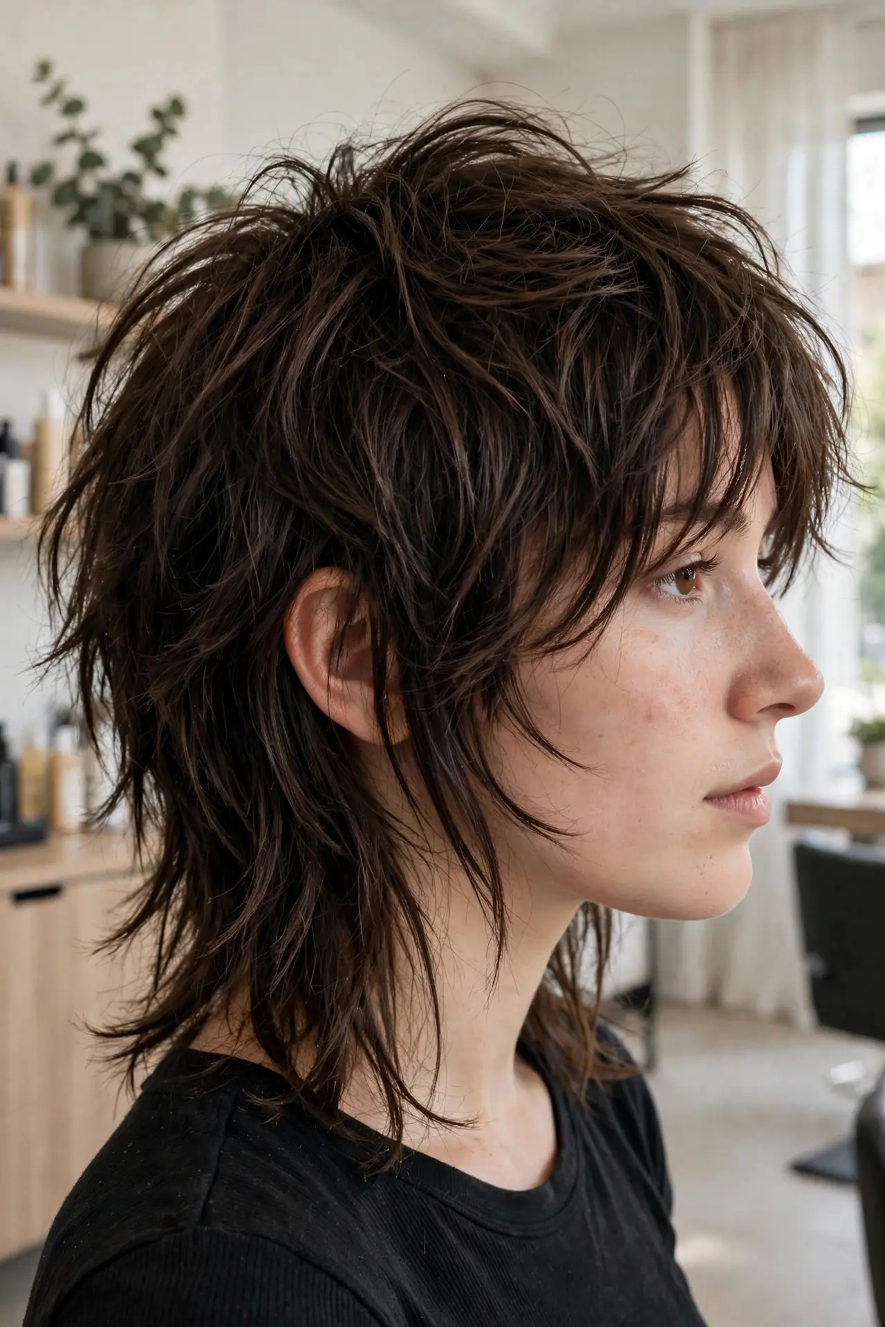 Wolf cut hairstyle in side view, shaggy choppy layers with heavy volume on top and wispy thinner ends in dark brown hair