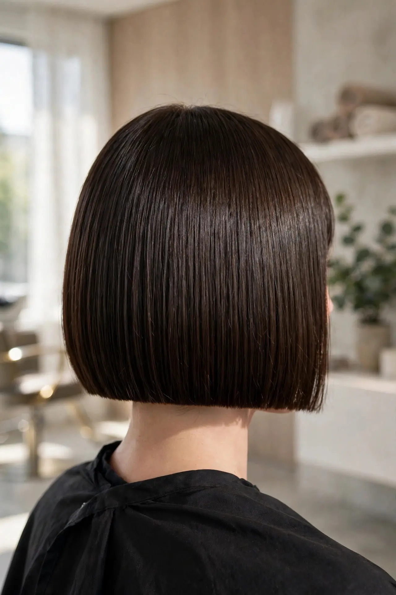 Blunt bob haircut from the back, sleek one-length jaw-length dark brown hair cut in one perfectly straight sharp line
