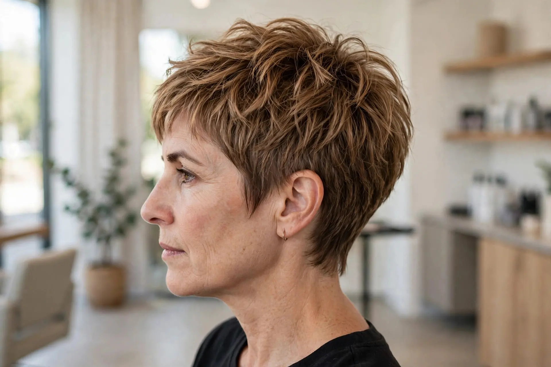 Textured pixie cut in side view on a woman in her fifties, choppy piecey layers on top with tapered sides in warm light brown hair