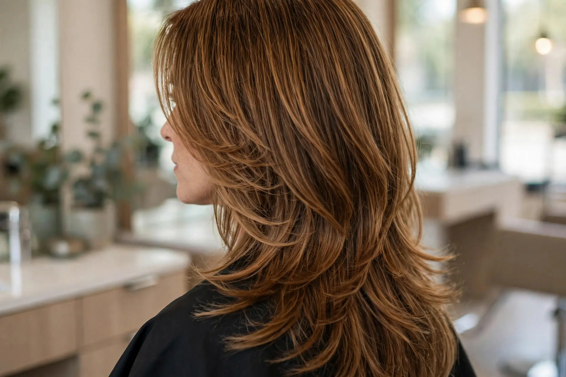 Face-framing layers on long honey-brown hair, graduated layers starting at the cheekbones and jawline cascading into long lengths