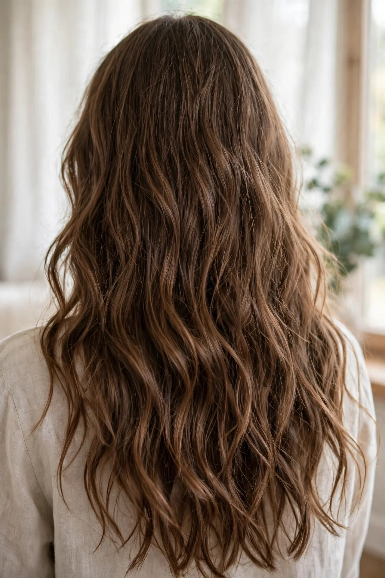 Effortless heatless waves from the back, long medium-brown hair in soft loose natural air-dried waves with an undone texture