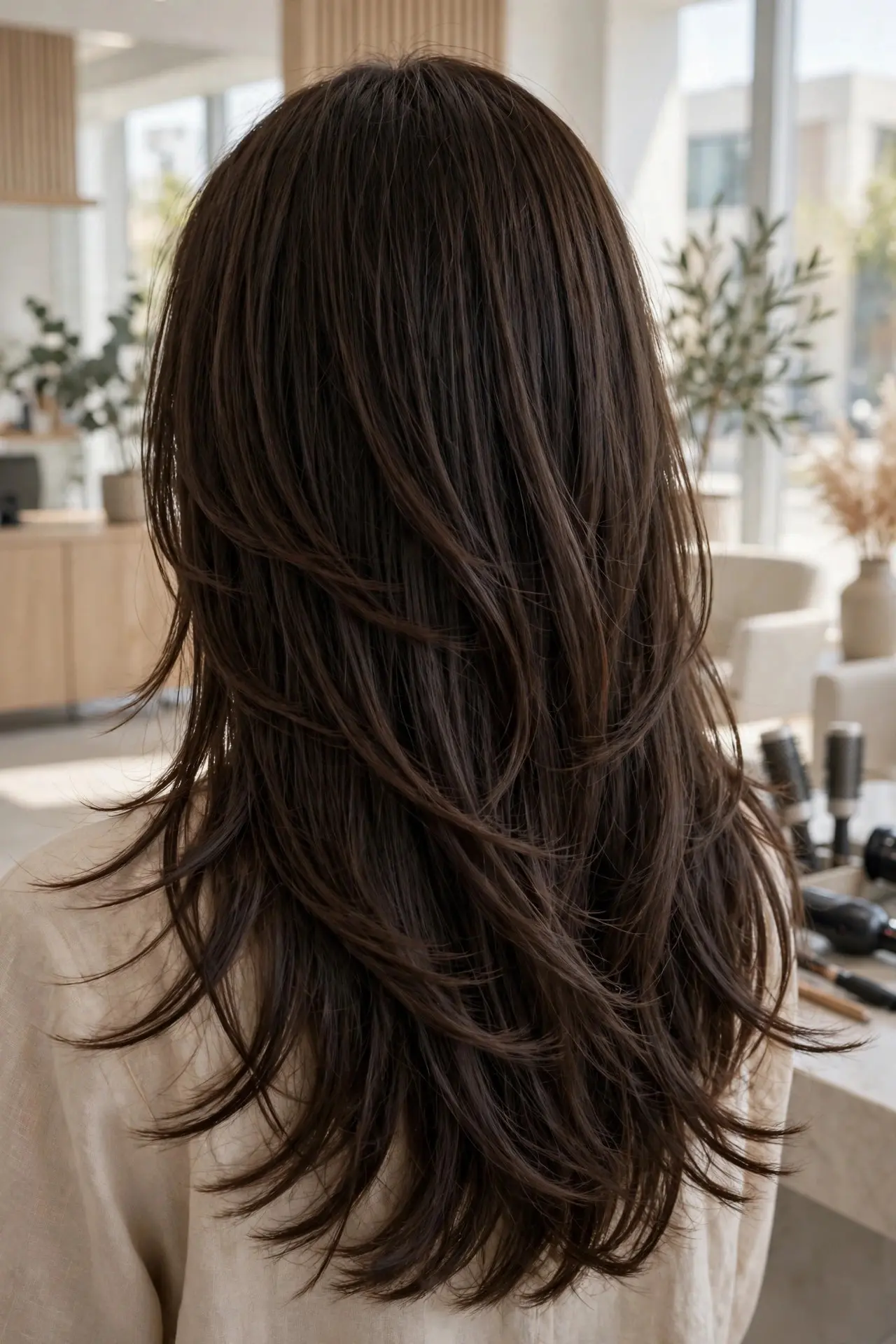 Soft all-over layers from the back, long dark brown hair with gentle seamless layers throughout and softly feathered ends