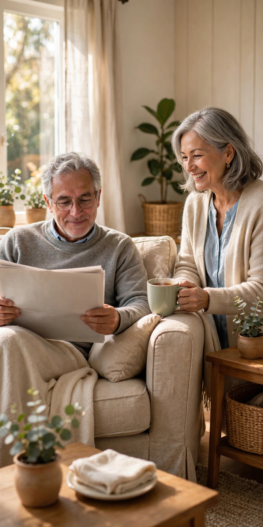 Retired man in his 60s reading the newspaper in his own cozy armchair by a sunny window