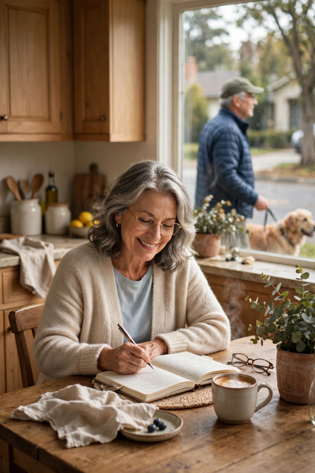Woman in her 60s journaling with coffee at her kitchen table during her protected morning routine