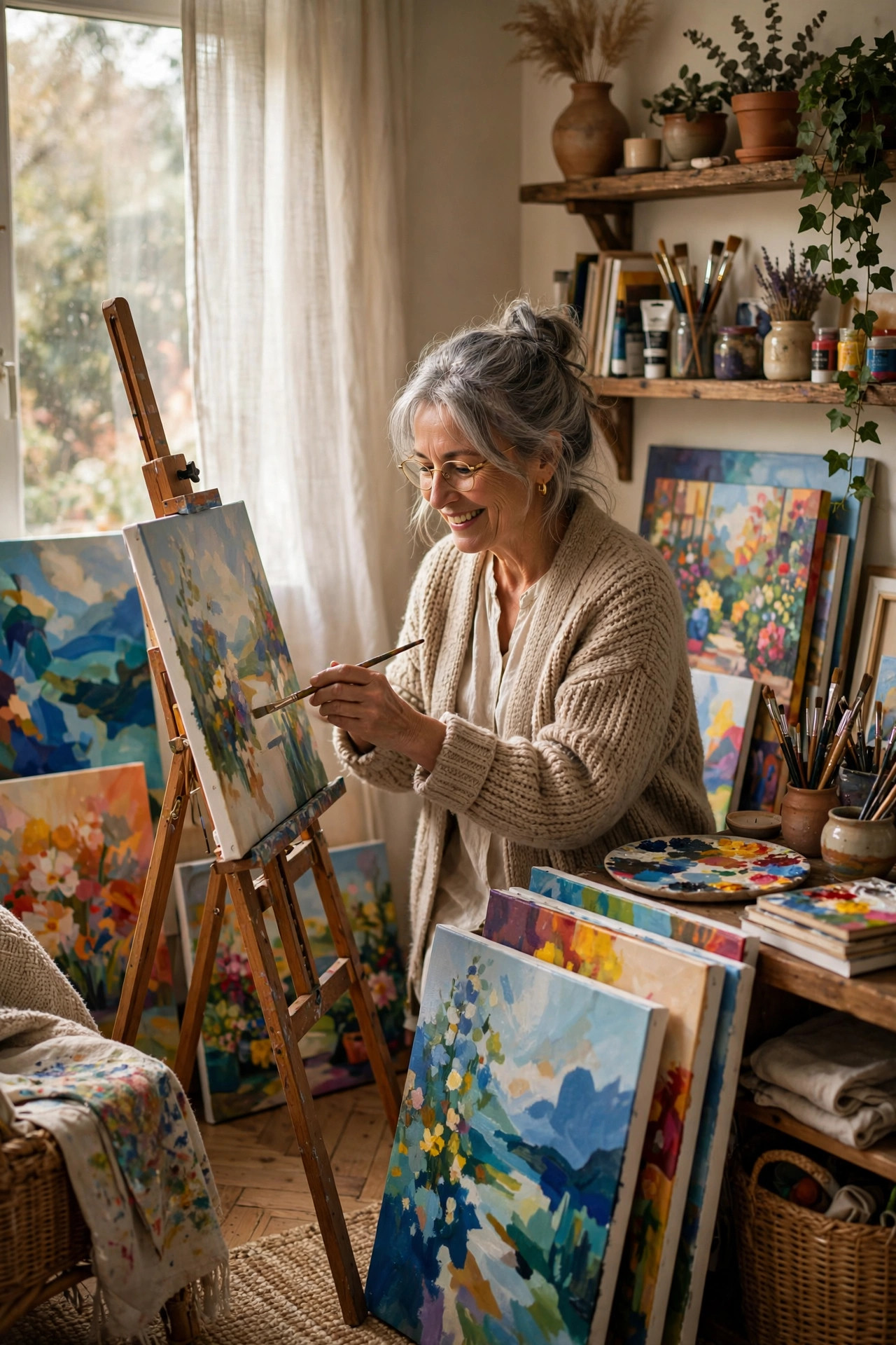 Woman in her 60s painting happily at her easel in her own little art corner at home