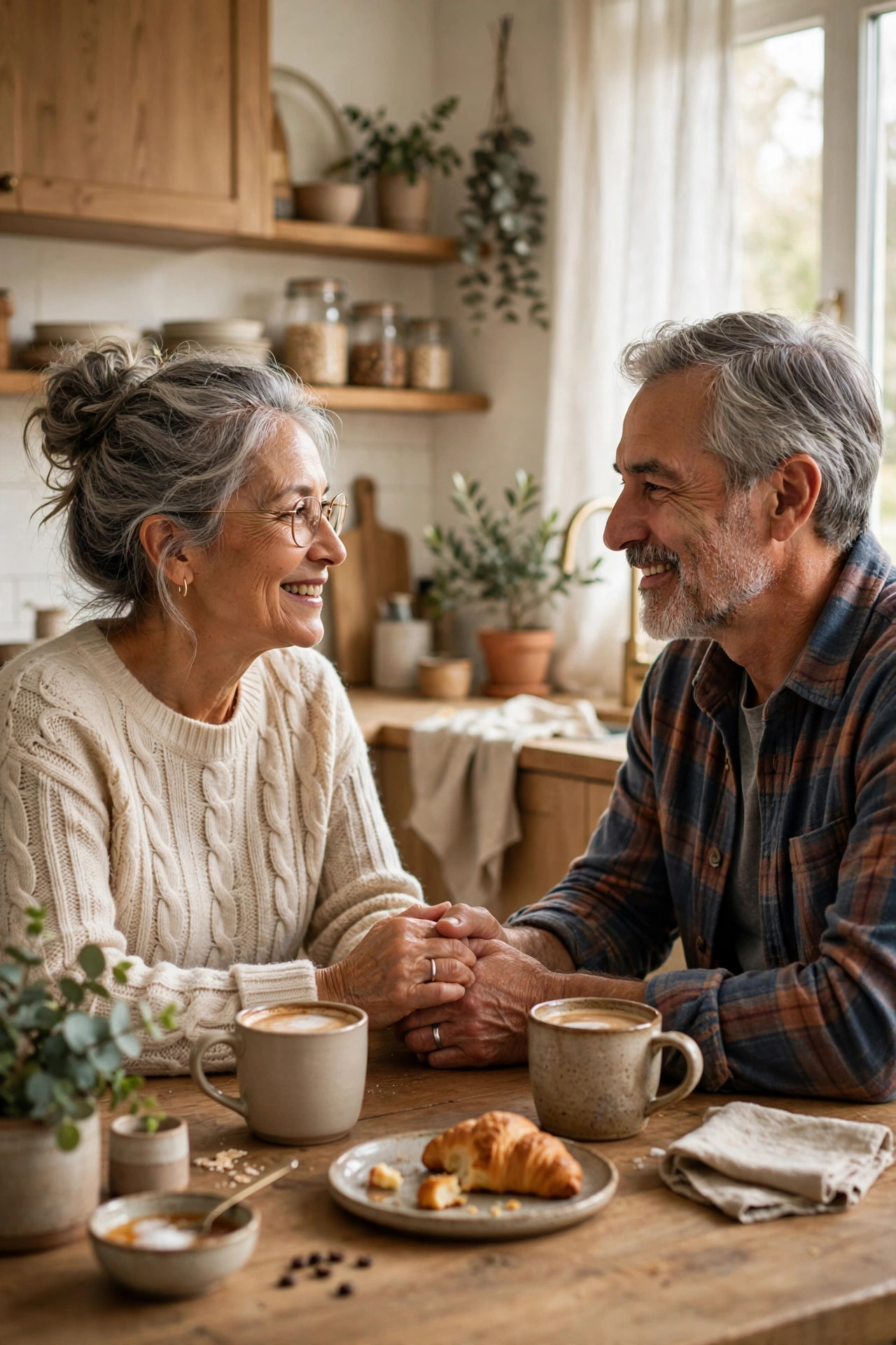 Couple in their 60s having a calm weekly check-in conversation over coffee at the kitchen table