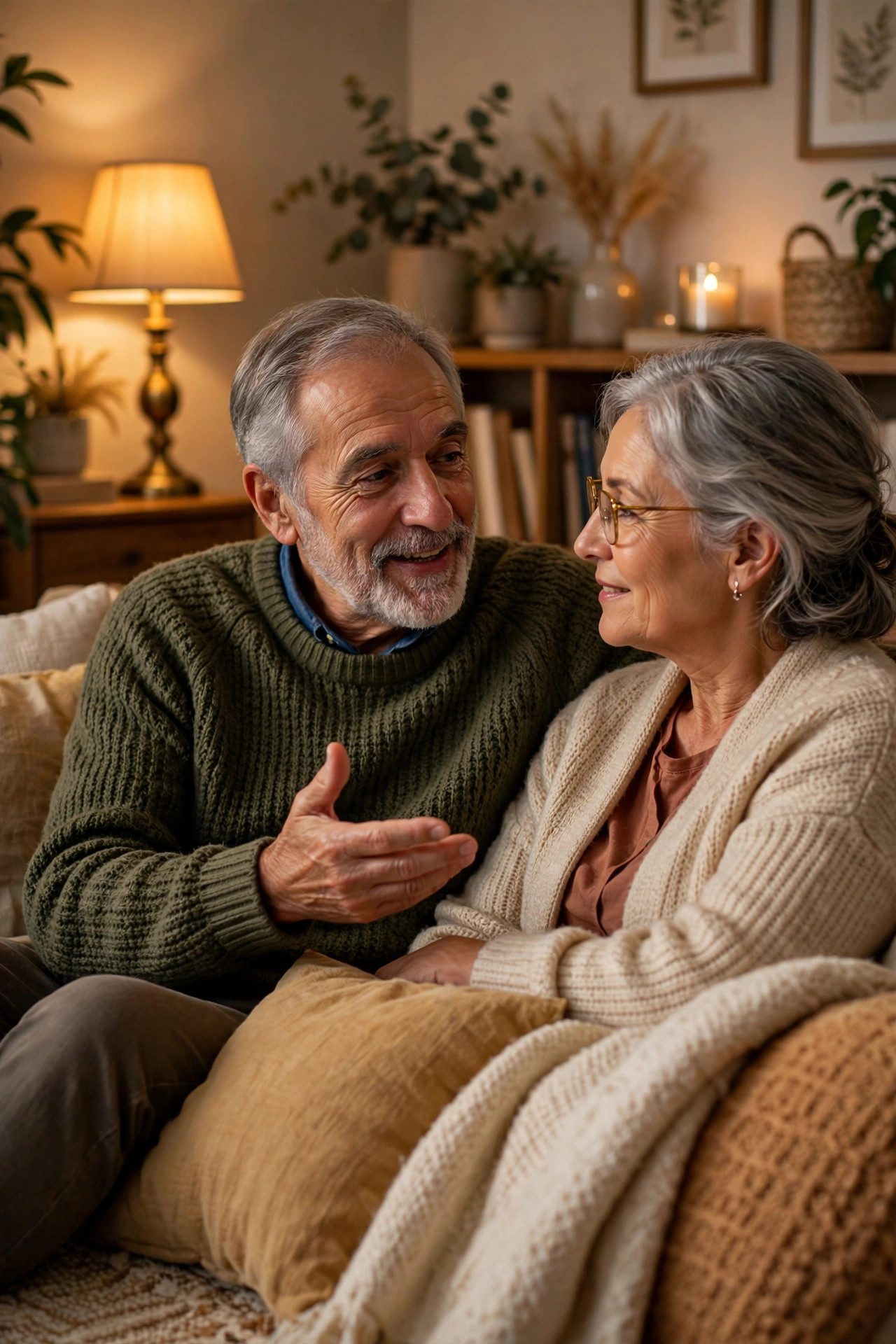 Couple in their 60s talking gently in a cozy living room, listening to each other with empathy