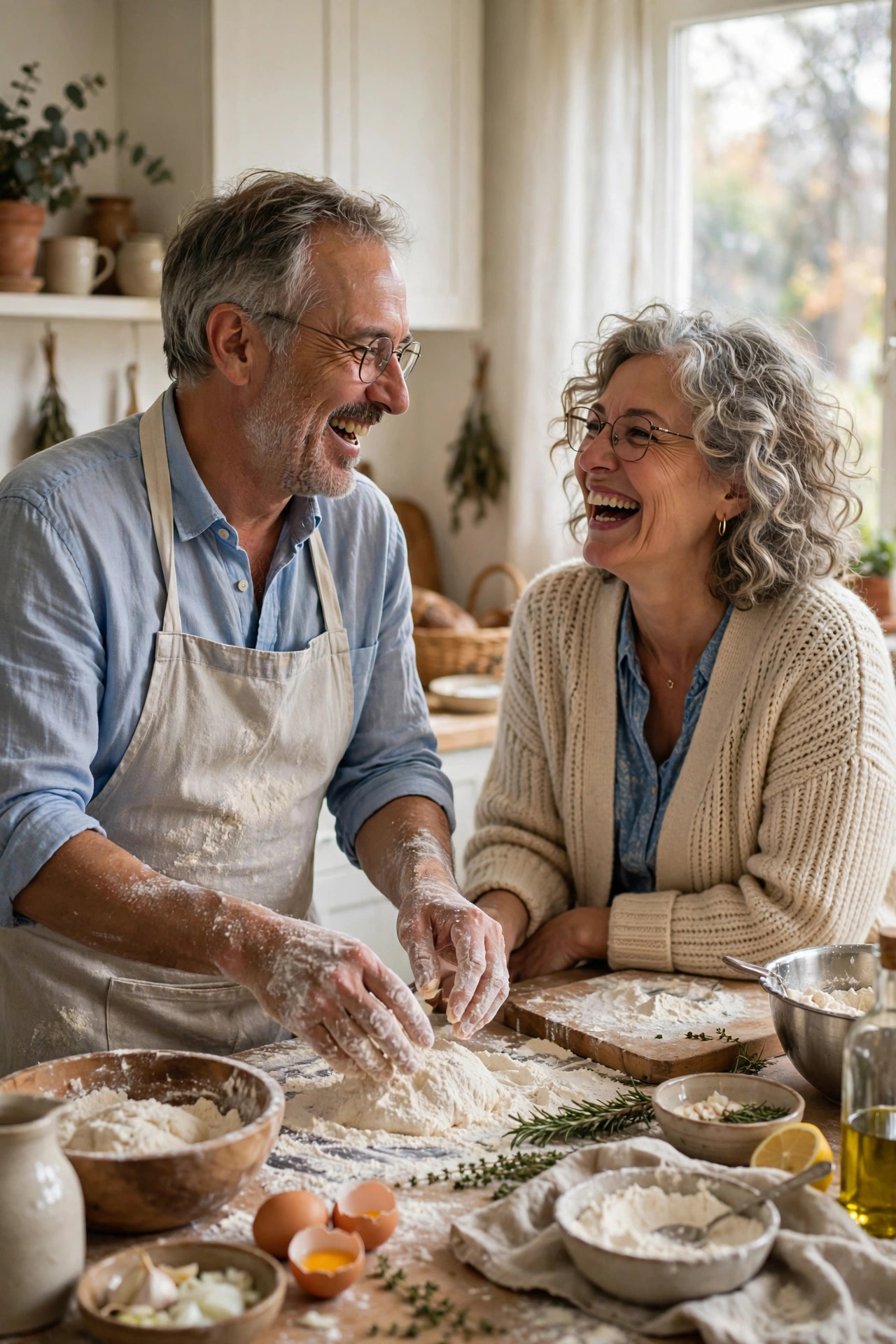 Man in his 60s cooking cheerfully in a bright kitchen while his wife laughs beside him