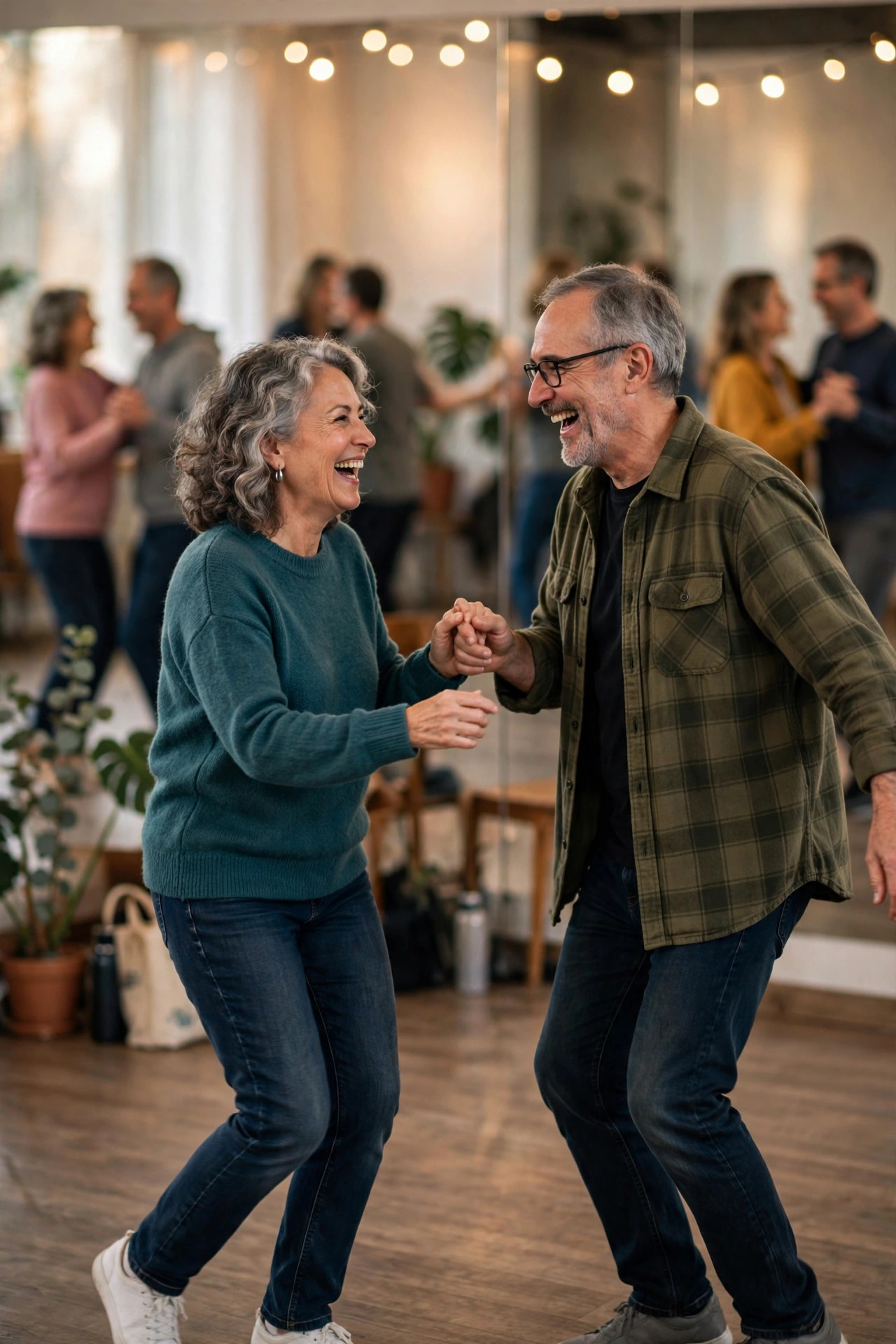 Couple in their 60s laughing together during a beginner dance class