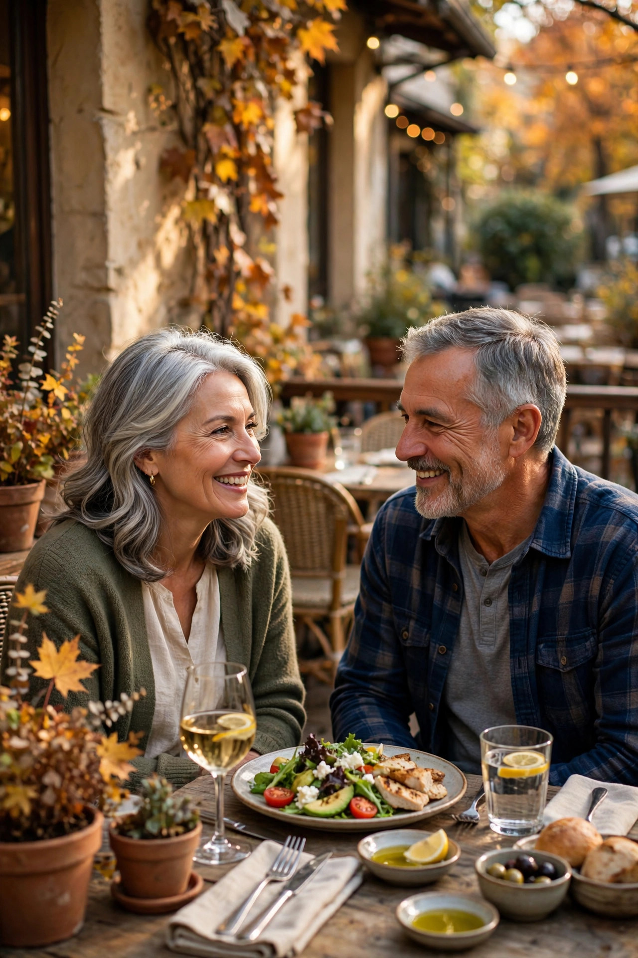 Couple in their 60s enjoying a relaxed lunch date together on a charming cafe terrace