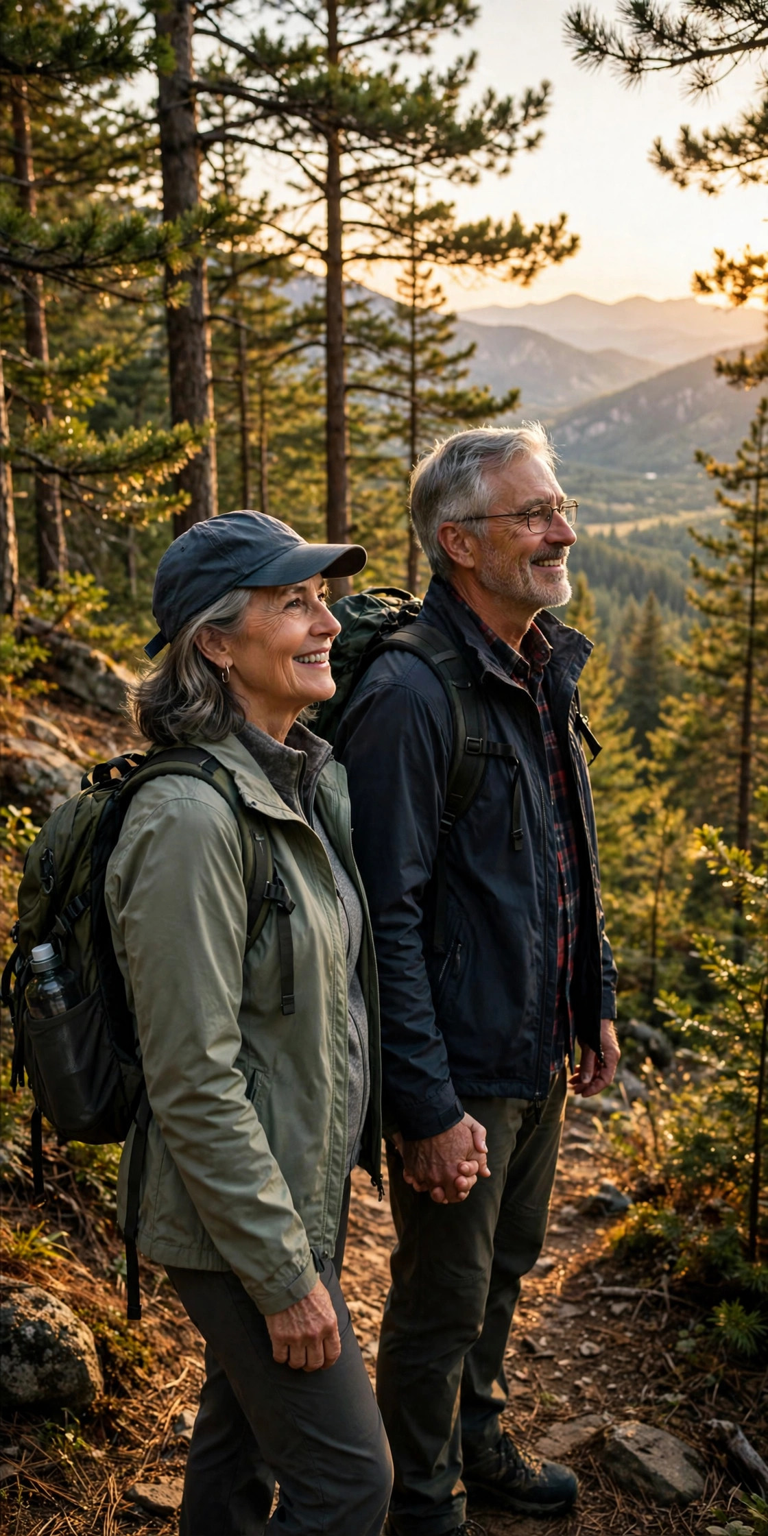 Couple in their 60s holding hands on a scenic hiking trail on a micro-adventure day trip