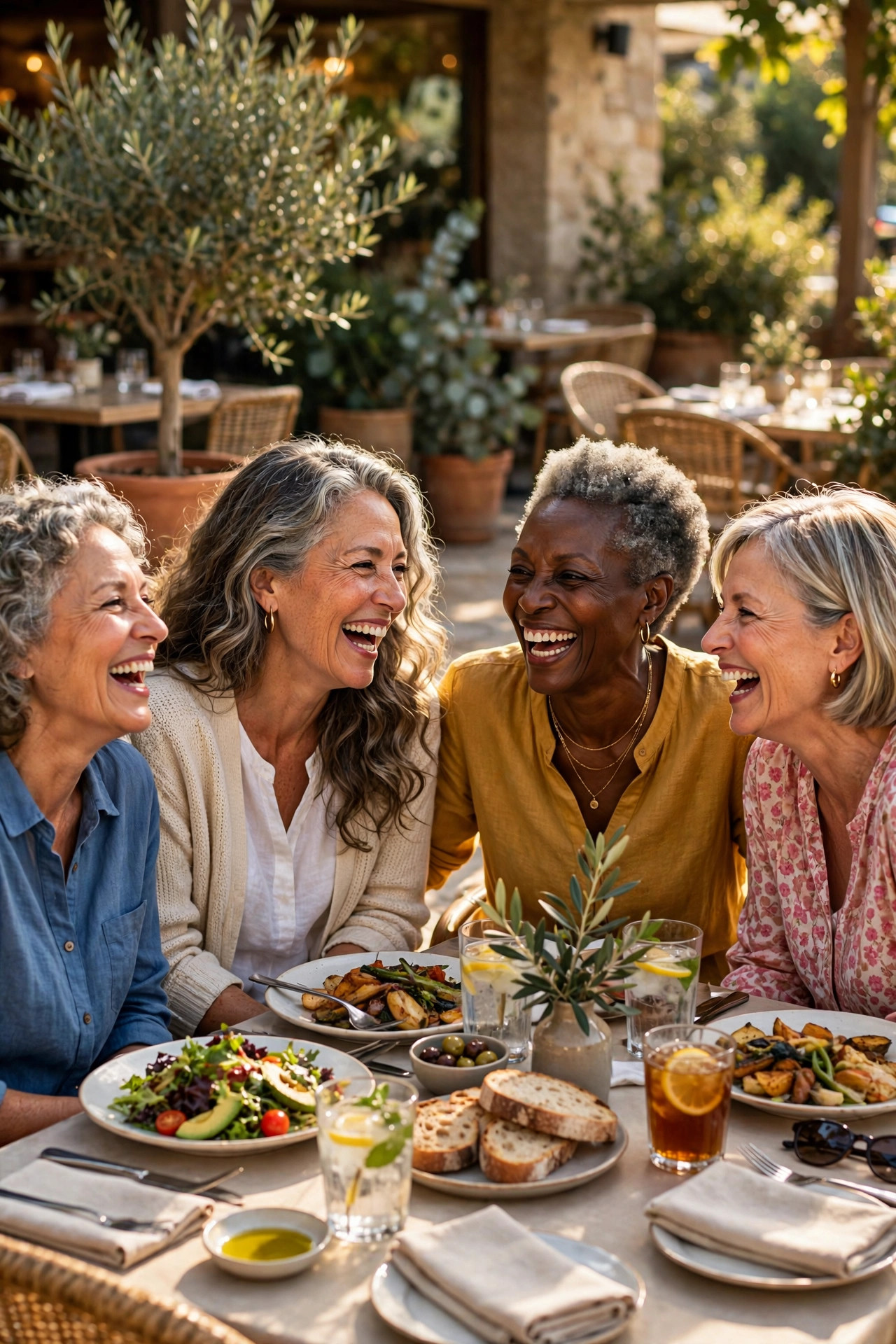 Woman in her 60s laughing with her girlfriends over lunch with friends