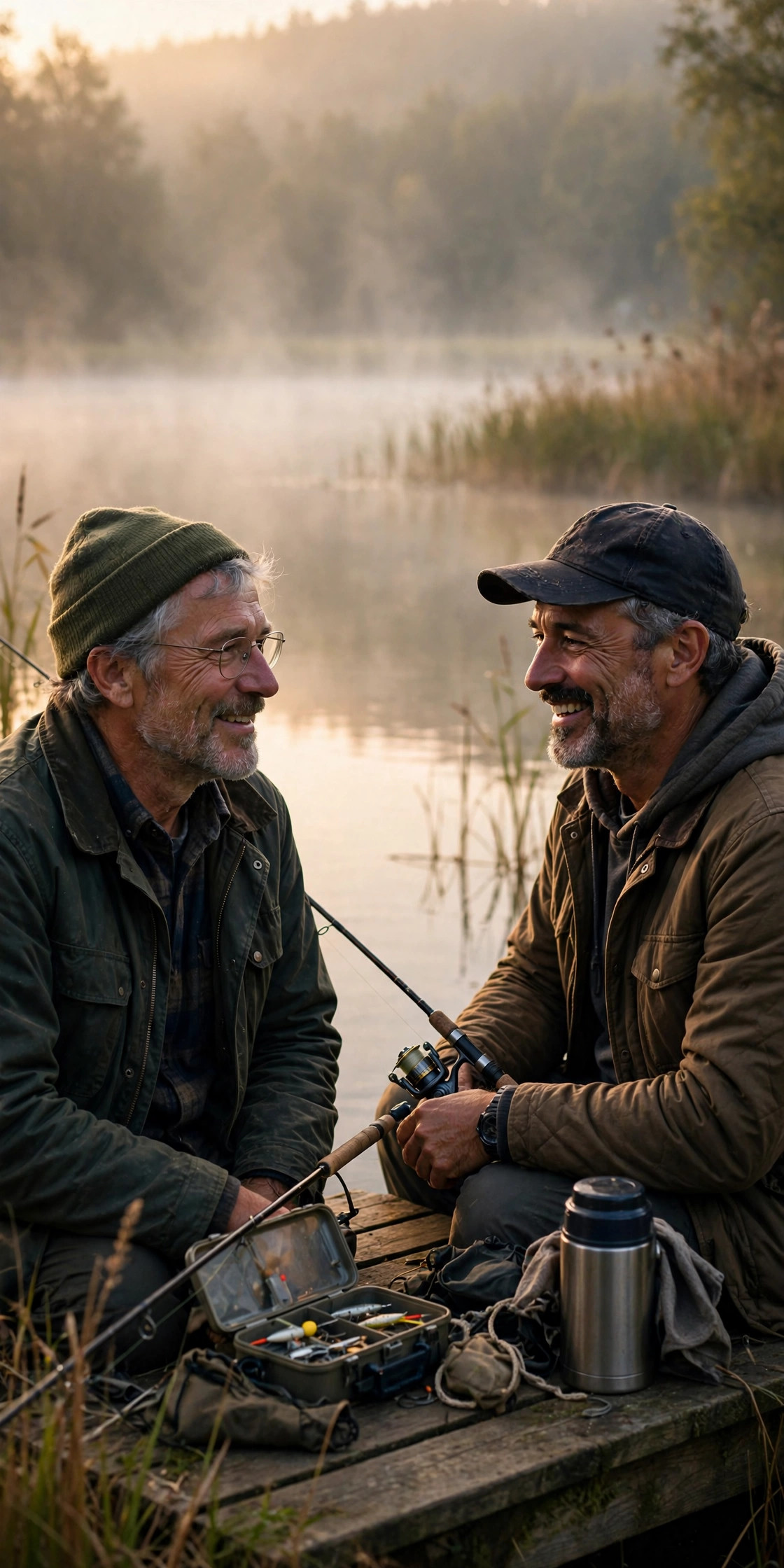 Man in his 60s fishing with a friend at a calm lake at sunrise