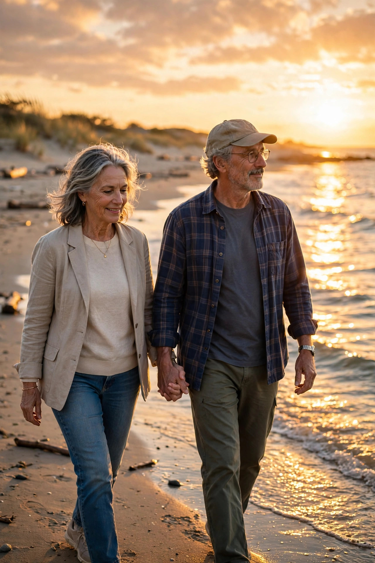 Couple in their 60s holding hands while walking on the beach at sunset