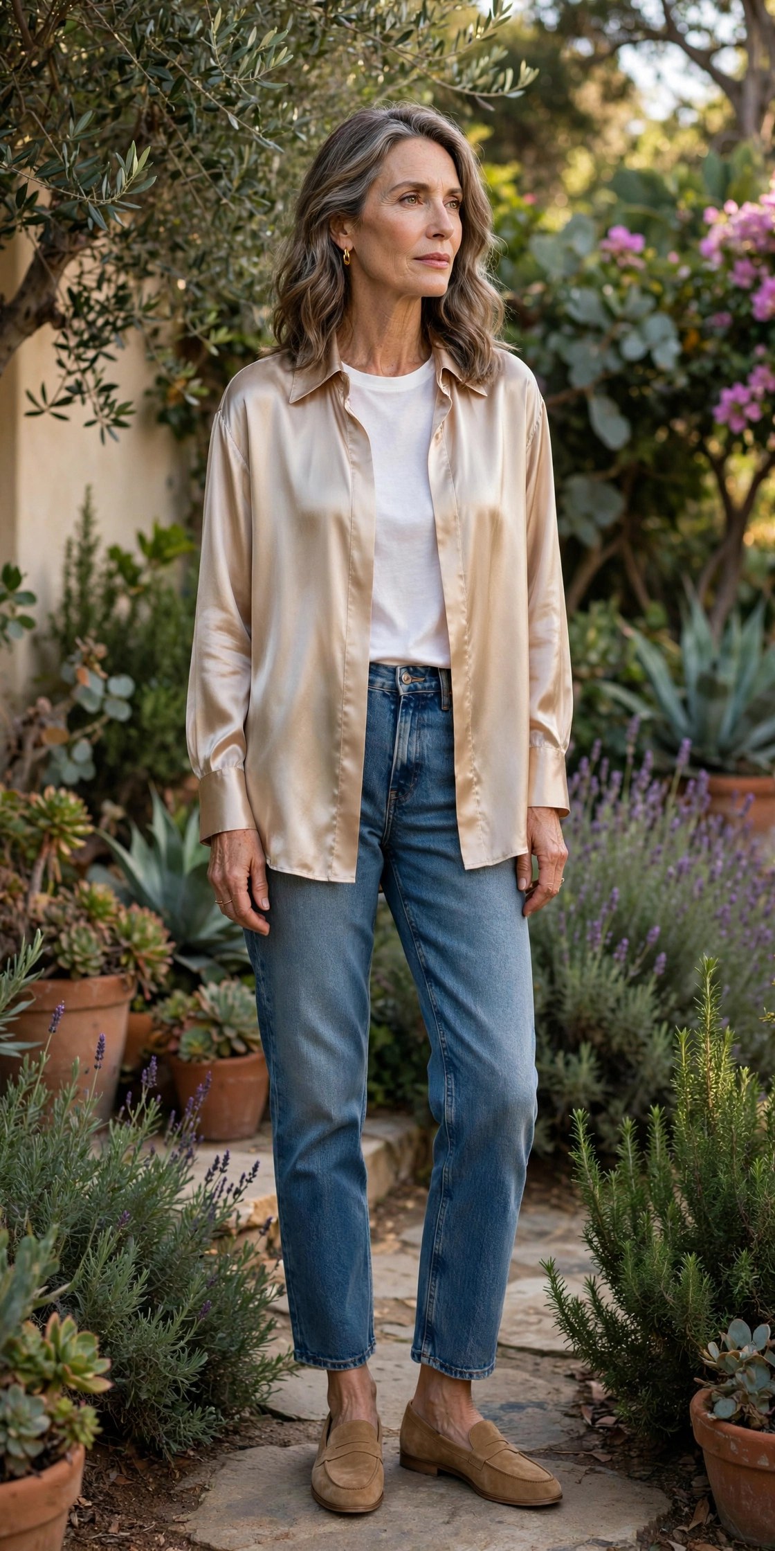 Woman in her 50s wearing a silk overshirt, white t-shirt and jeans in a Santa Barbara garden