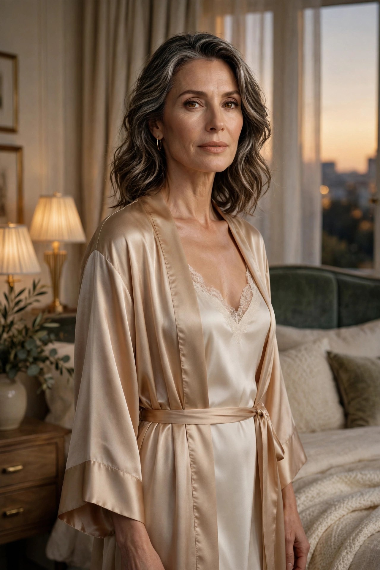 Woman in her 50s wearing a luxurious silk robe over a slip dress in an elegant bedroom