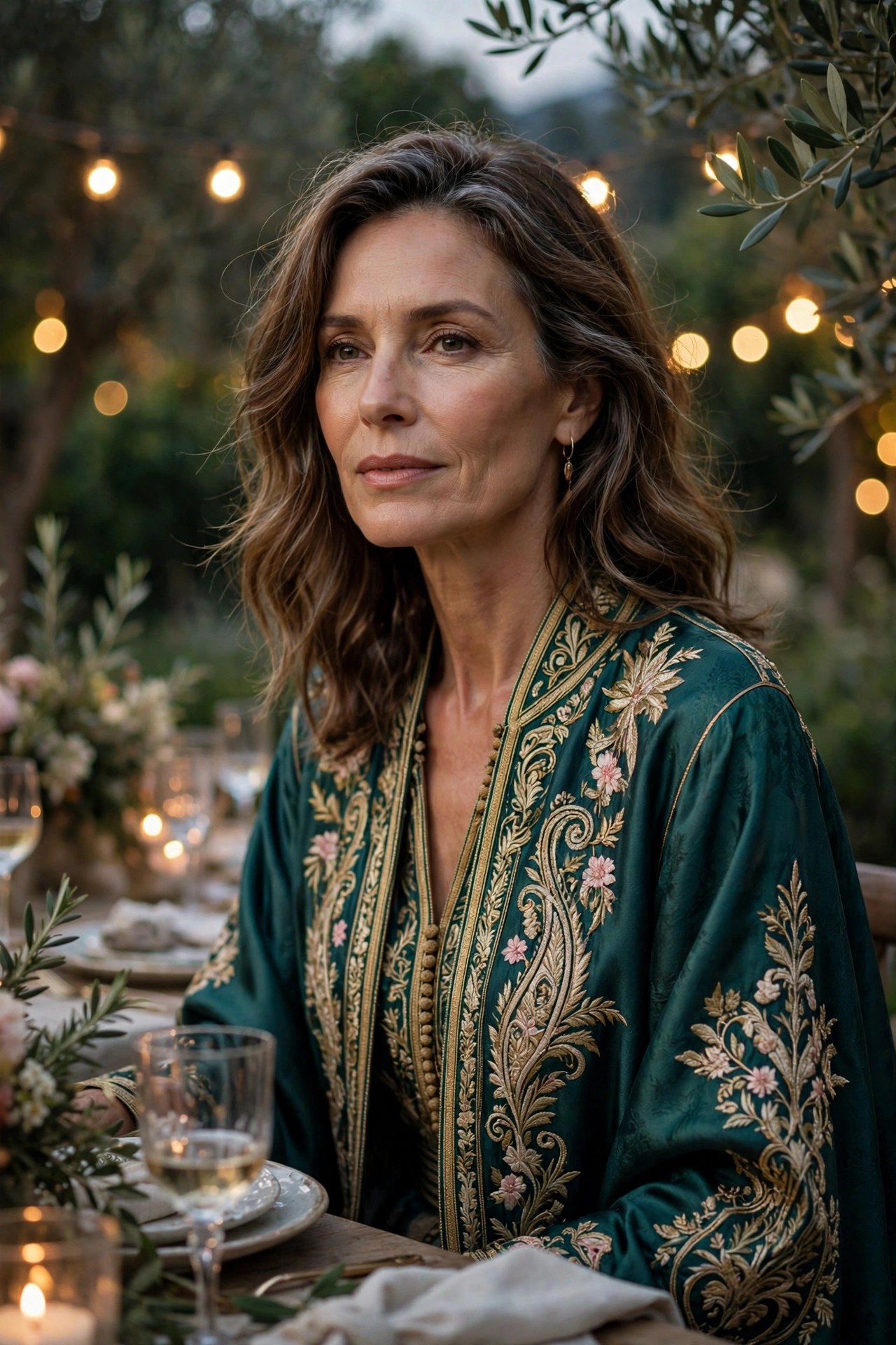 Woman in her 50s wearing an elegant embroidered caftan at an outdoor dinner party