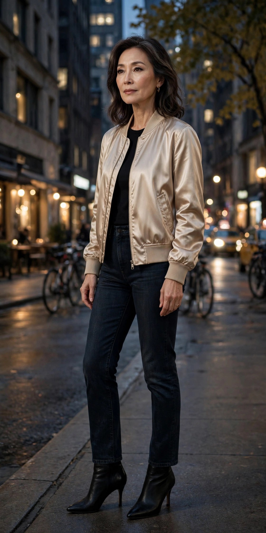 Woman in her 50s wearing a champagne satin bomber-style shiny jacket with dark jeans at night
