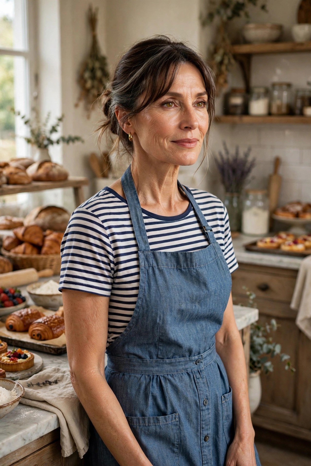 Woman in her 50s wearing a chambray apron dress over a striped tee in a bakery kitchen