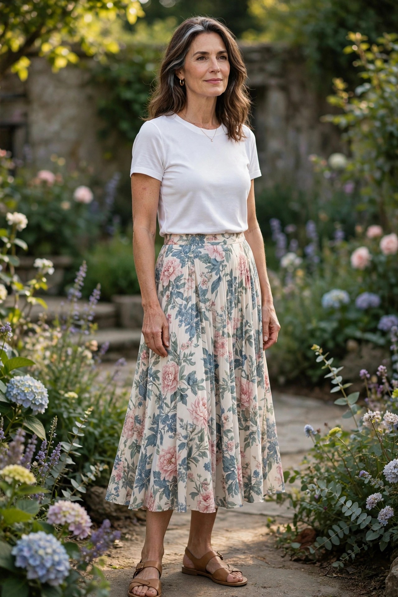 Woman in her 50s wearing a flowing floral midi skirt and a simple white tee