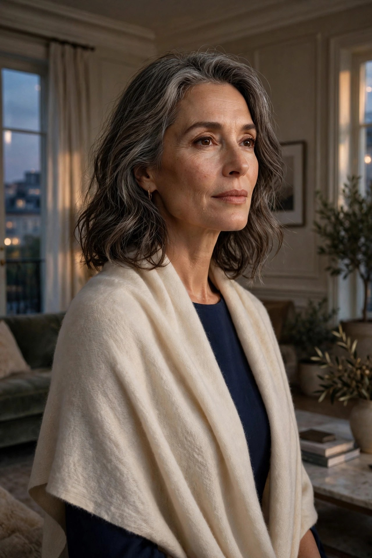 Woman in her 50s wearing a cream cashmere wrap shawl over a simple dress