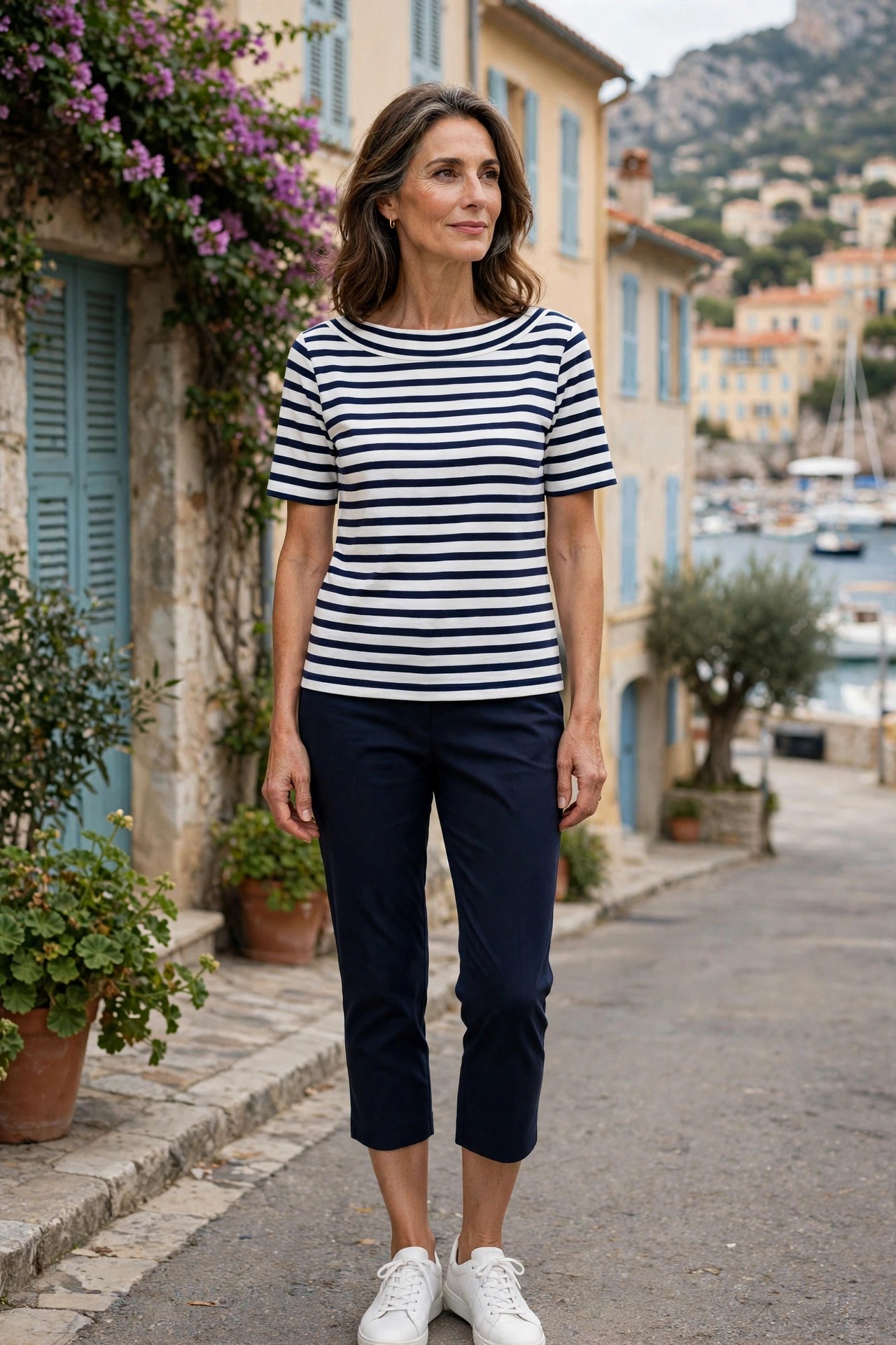 Woman in her 50s wearing a striped boat-neck top and navy capri pants