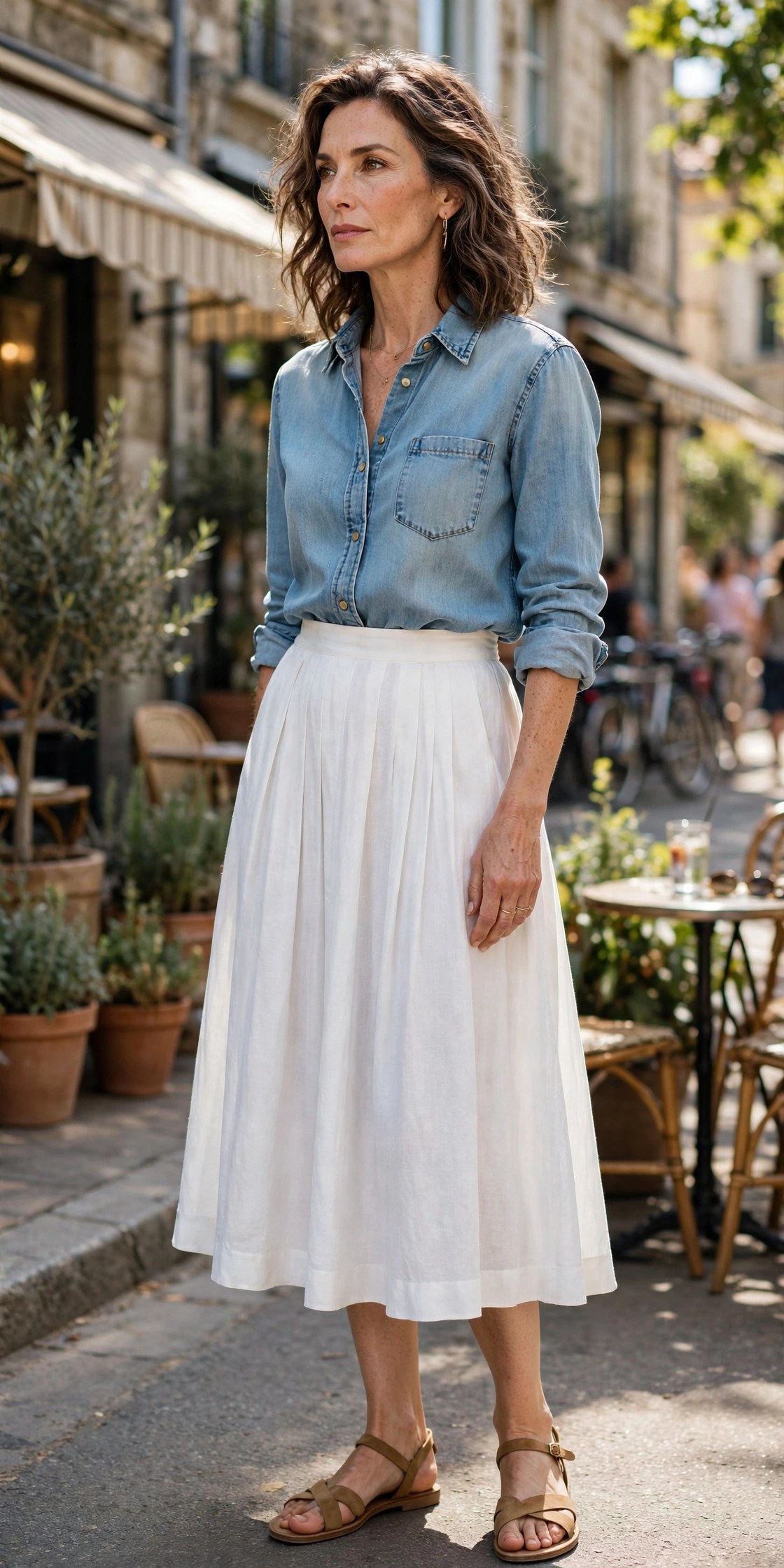 Woman in her 50s wearing a denim shirt tucked into a white midi skirt