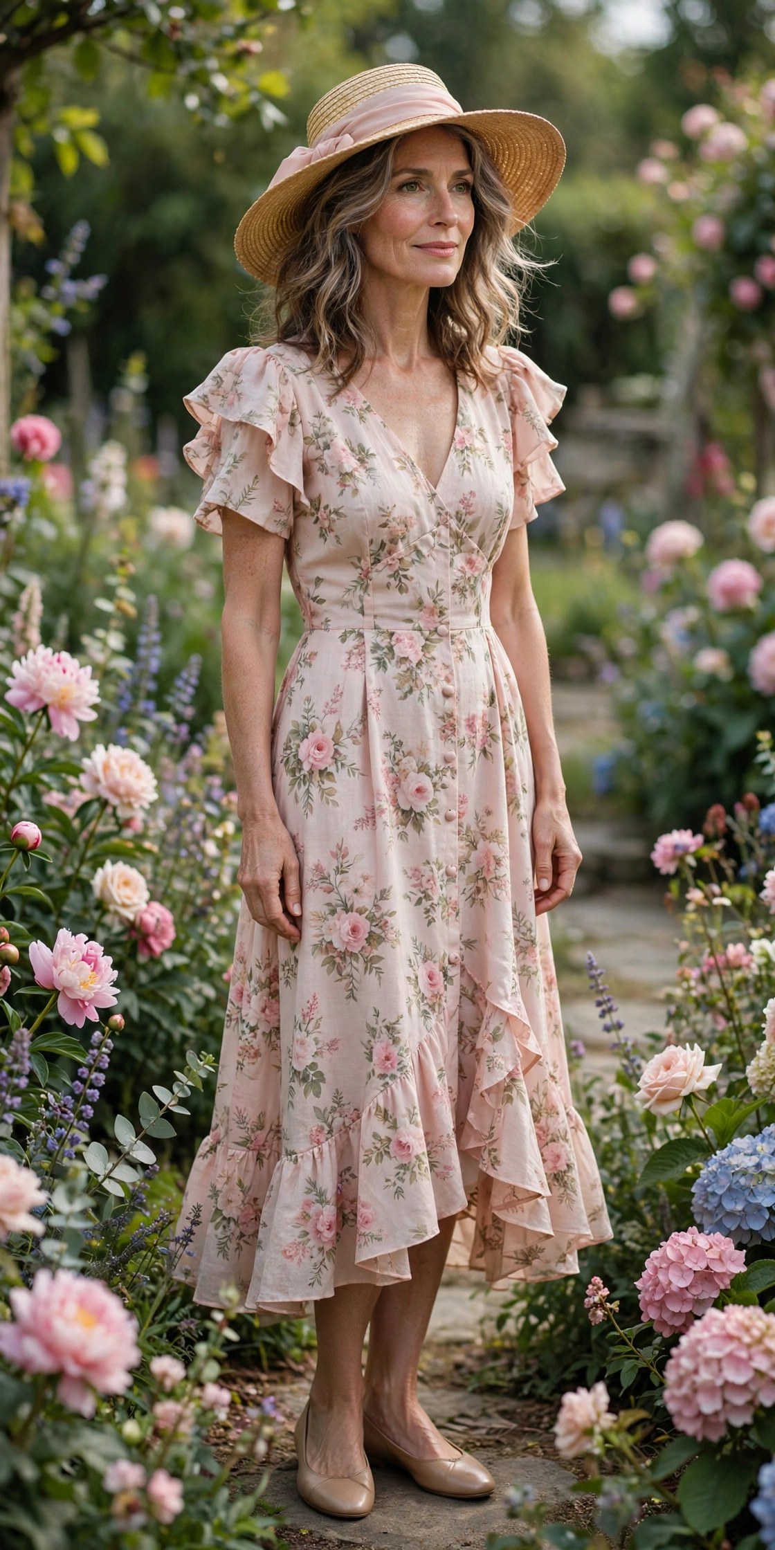 Woman in her 50s wearing a romantic blush floral midi dress in a garden