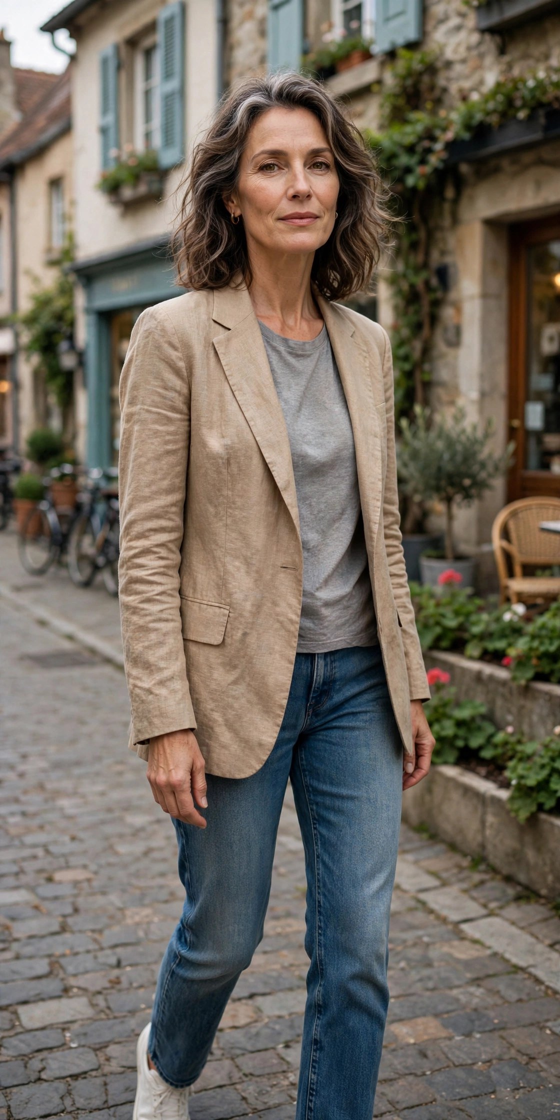 Woman in her 50s wearing a natural linen blazer over a soft grey tee and jeans
