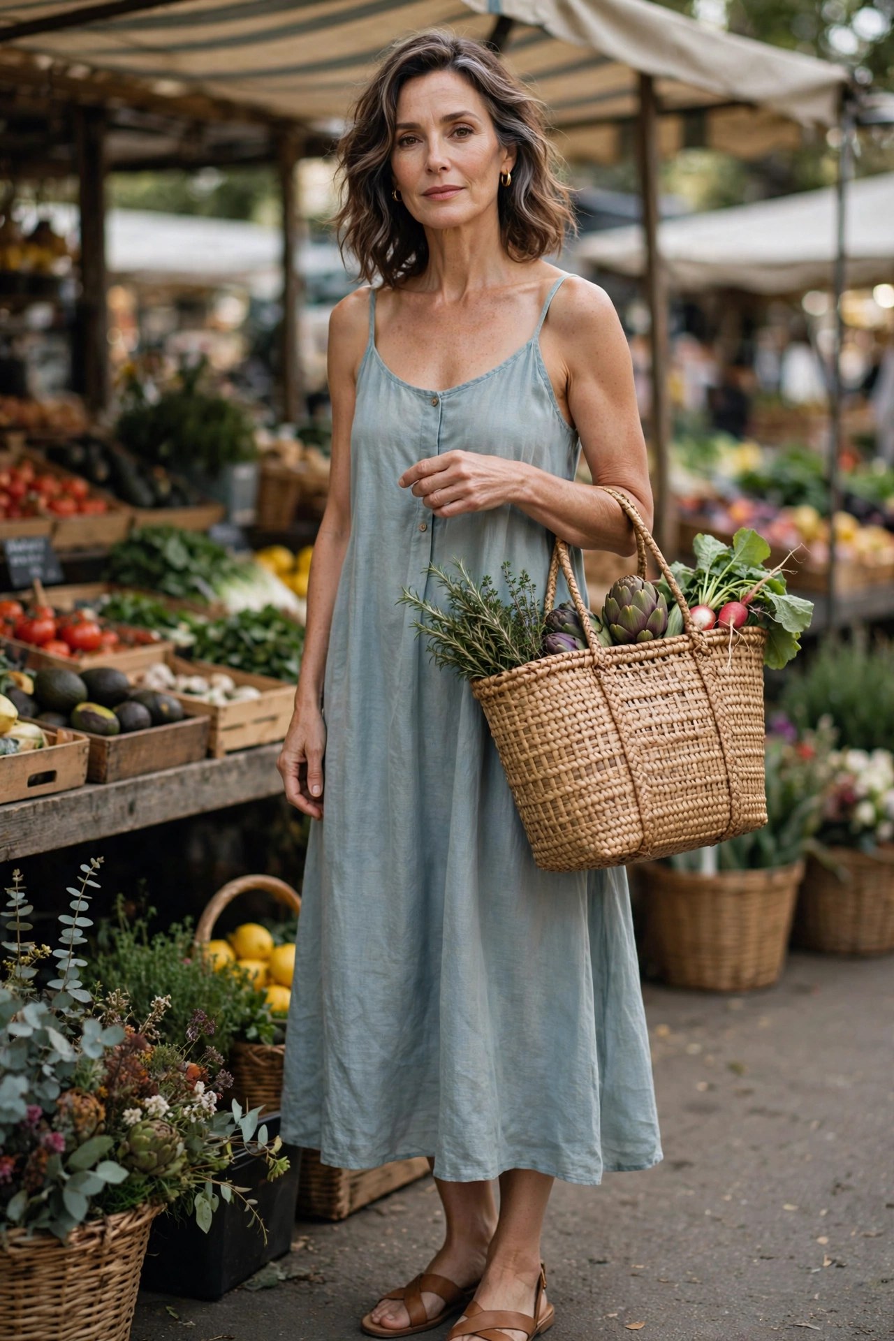 Woman in her 50s wearing a breezy cotton sundress carrying a woven market tote