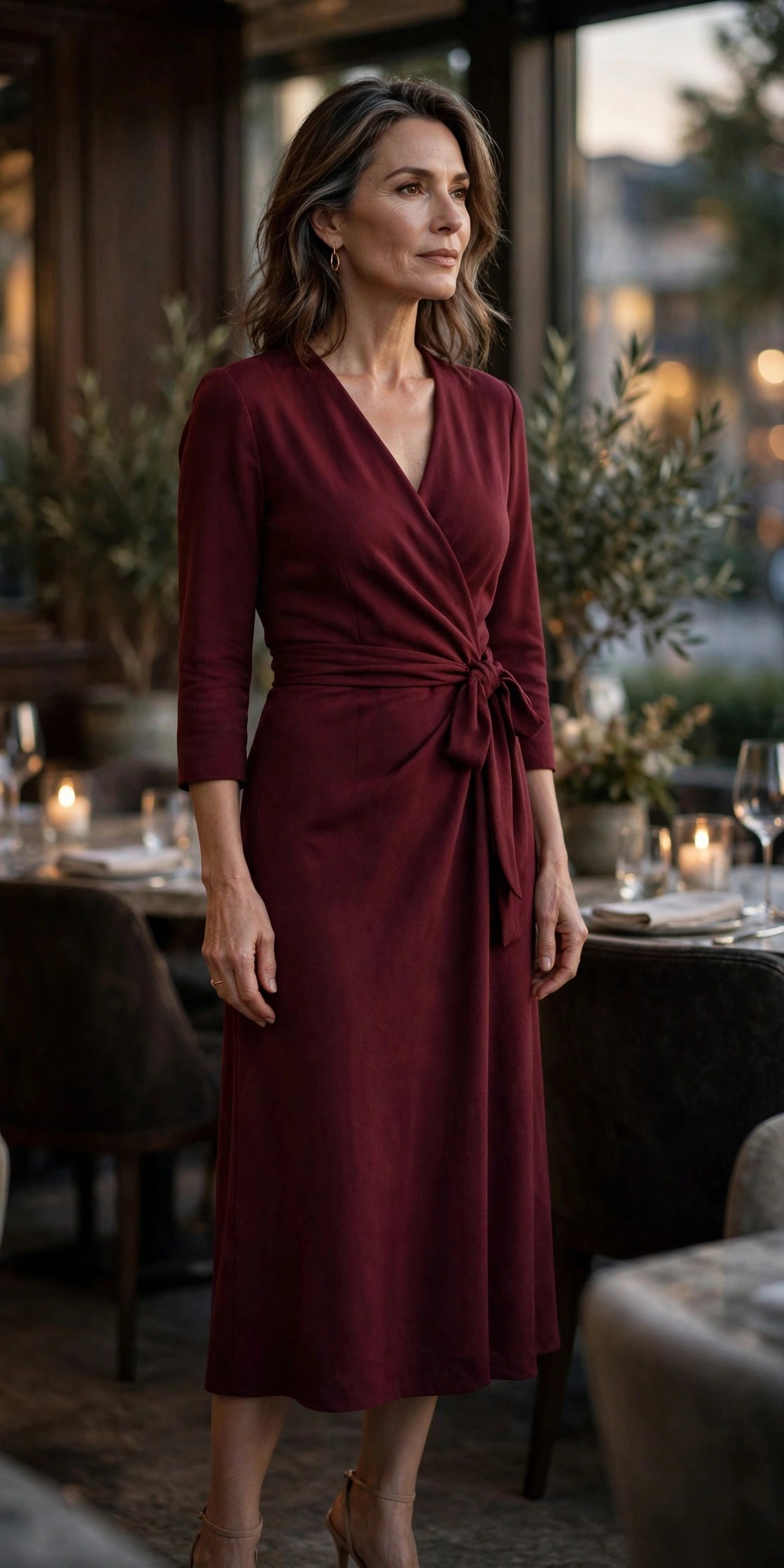 Woman in her 50s wearing a burgundy wrap midi dress and heels at a restaurant