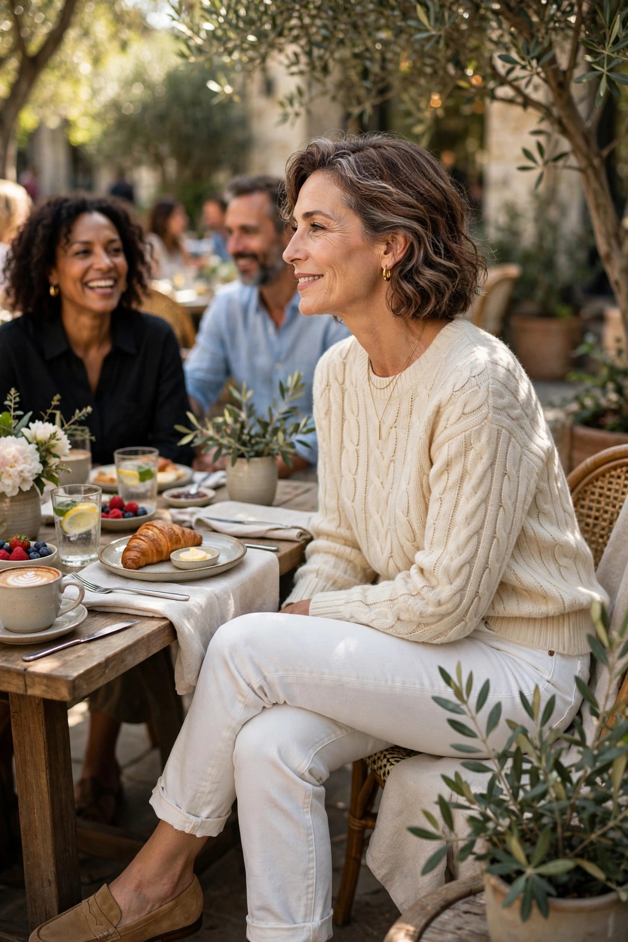 Woman in her 50s wearing a cream cable-knit sweater and white jeans at a sunny brunch
