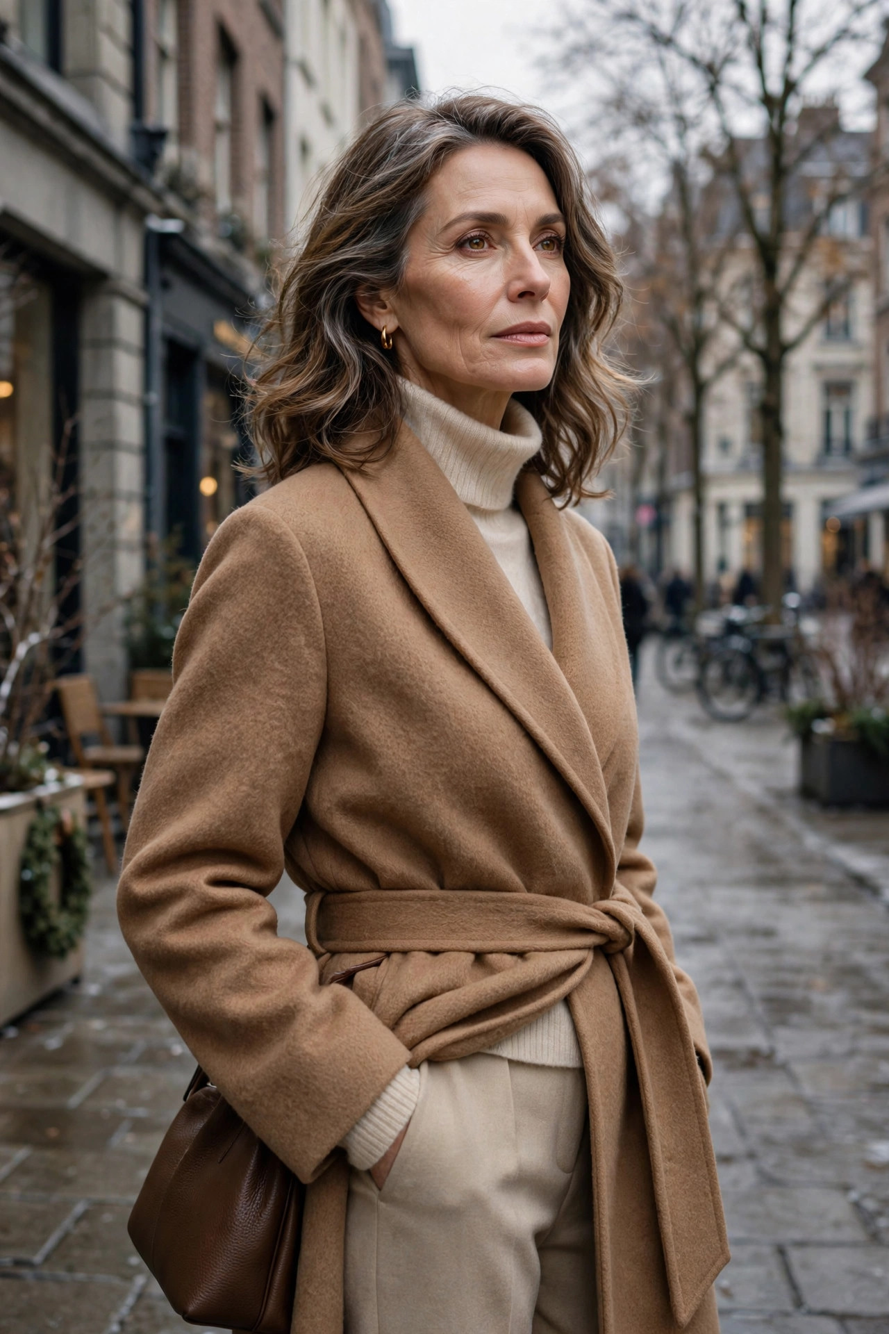 Elegant woman over 50 in a camel wool coat and cream turtleneck on a winter street