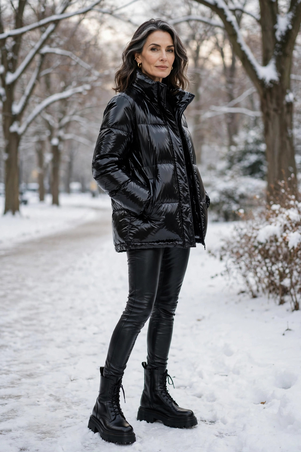 Woman over 50 in a black puffer coat and leather leggings in a snowy park