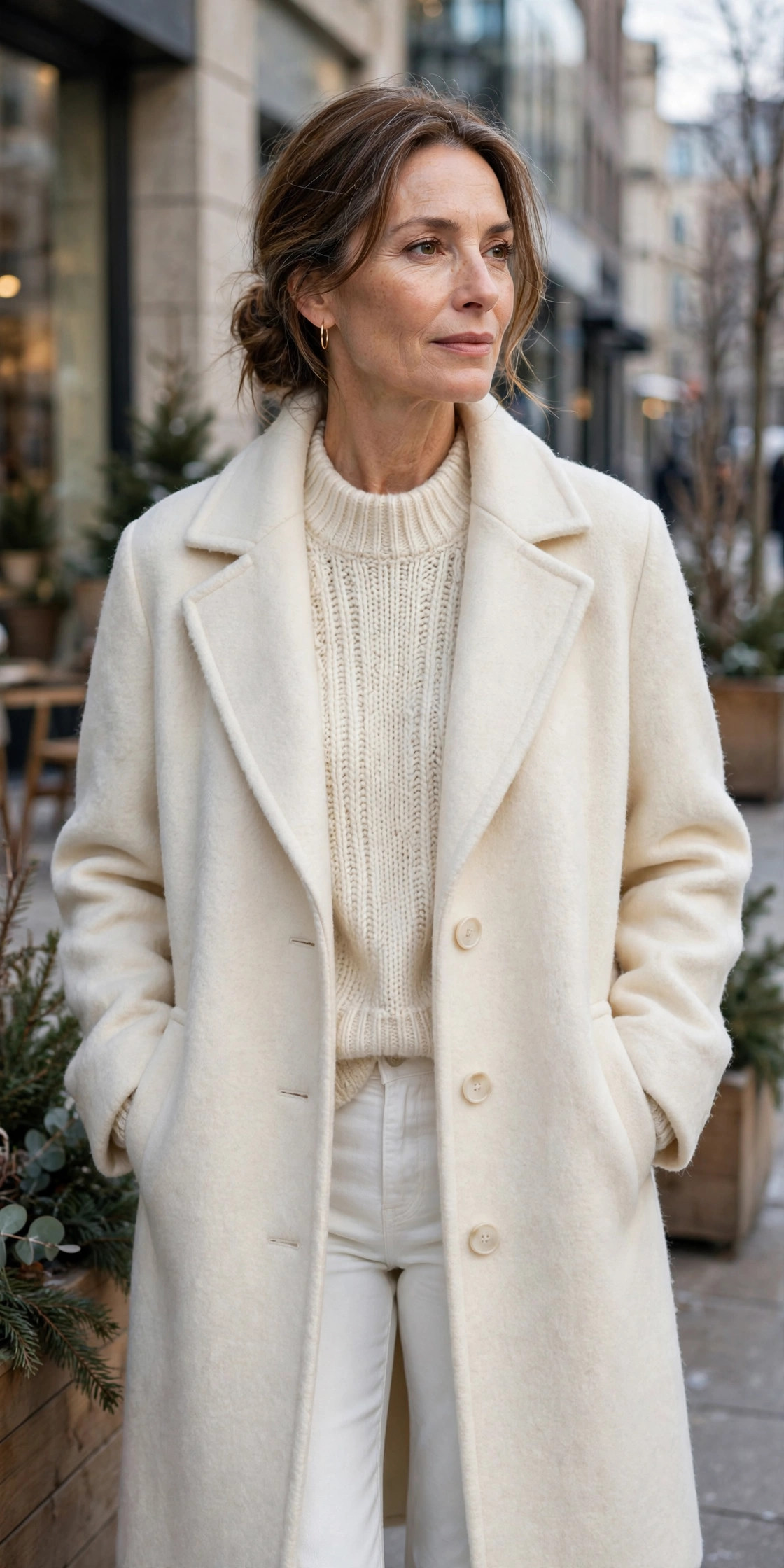Woman over 50 wearing all-cream winter layers on a bright street
