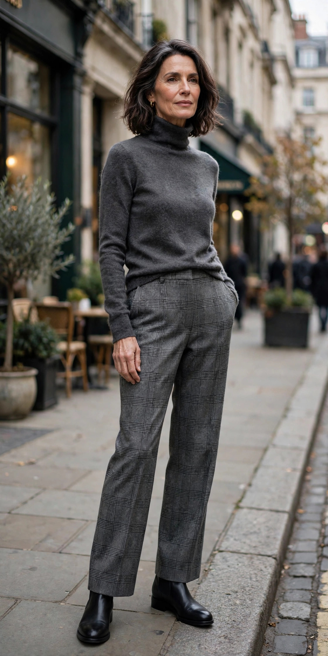 Woman over 50 in a gray cashmere turtleneck and plaid wool trousers