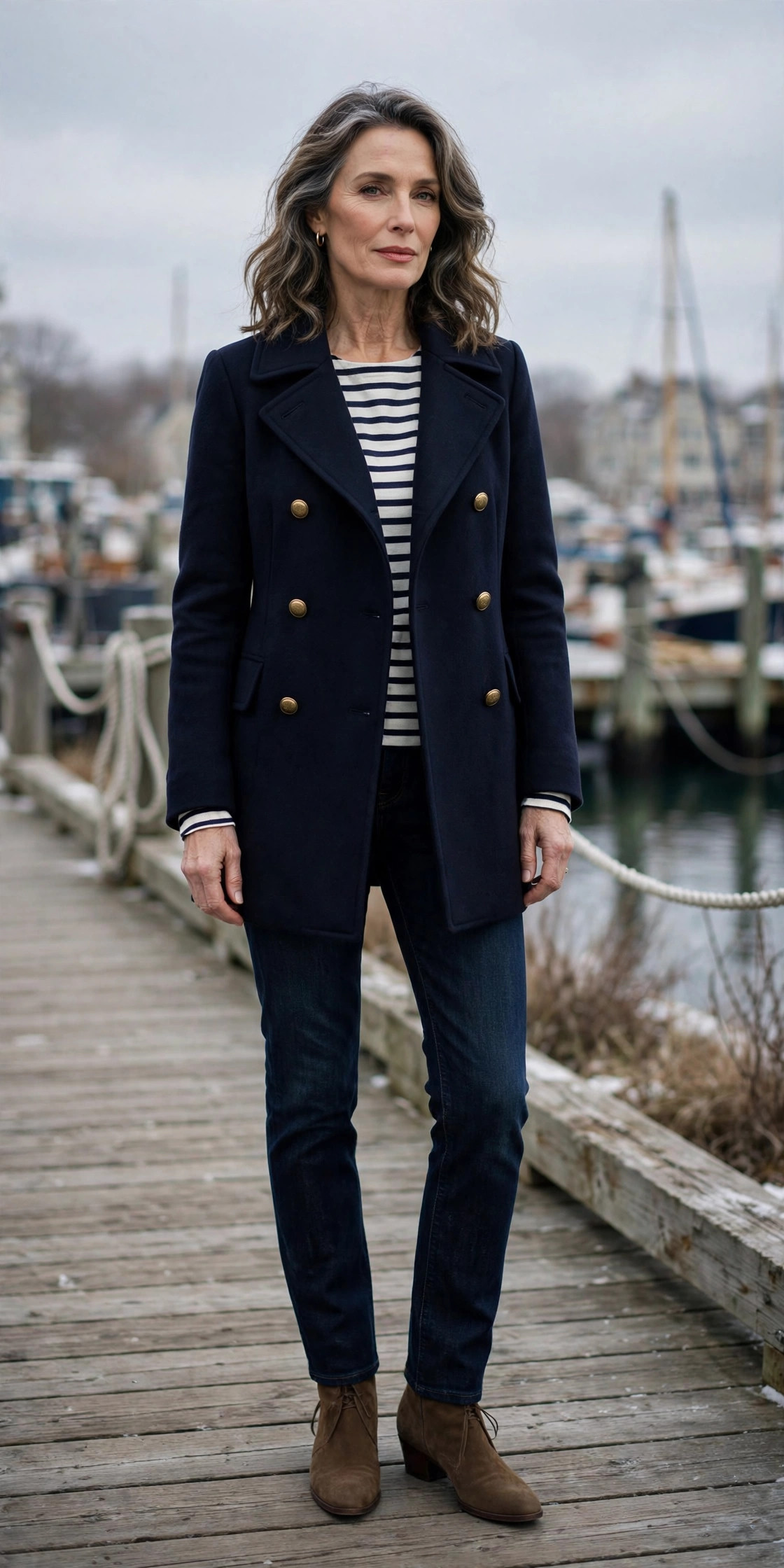 Woman over 50 in a navy peacoat and striped Breton top at a winter harbor