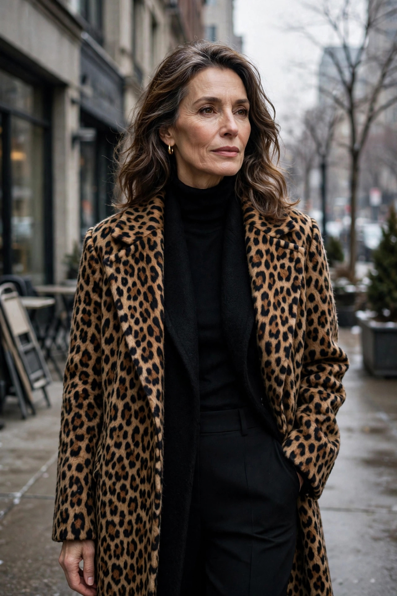 Woman over 50 wearing a leopard-print coat over a black turtleneck