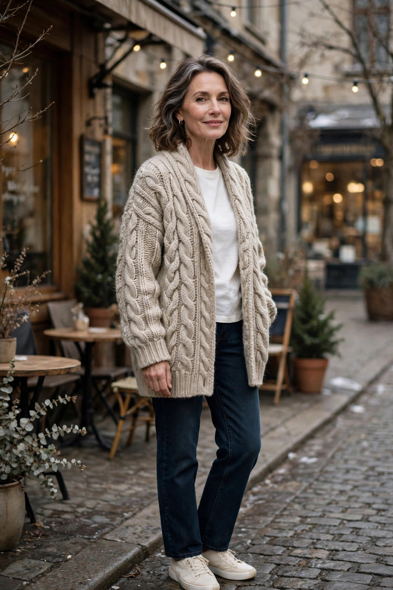 Woman over 50 in a chunky oatmeal cardigan and dark jeans at a cafe