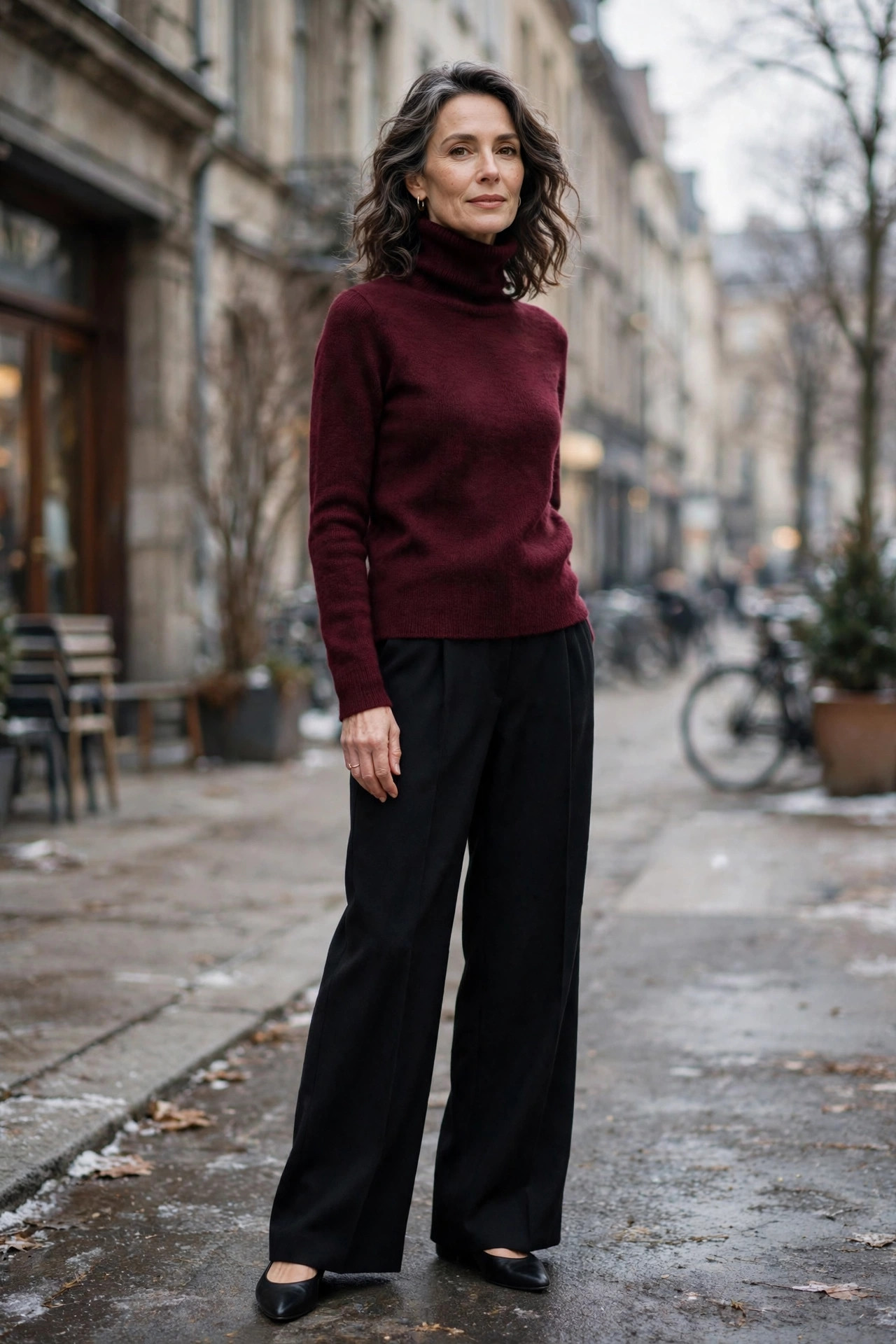 Woman over 50 in a burgundy turtleneck and black wide-leg trousers