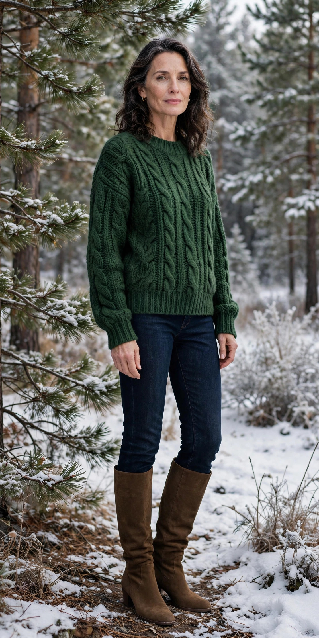 Woman over 50 in a forest green sweater and brown knee boots near snowy pines