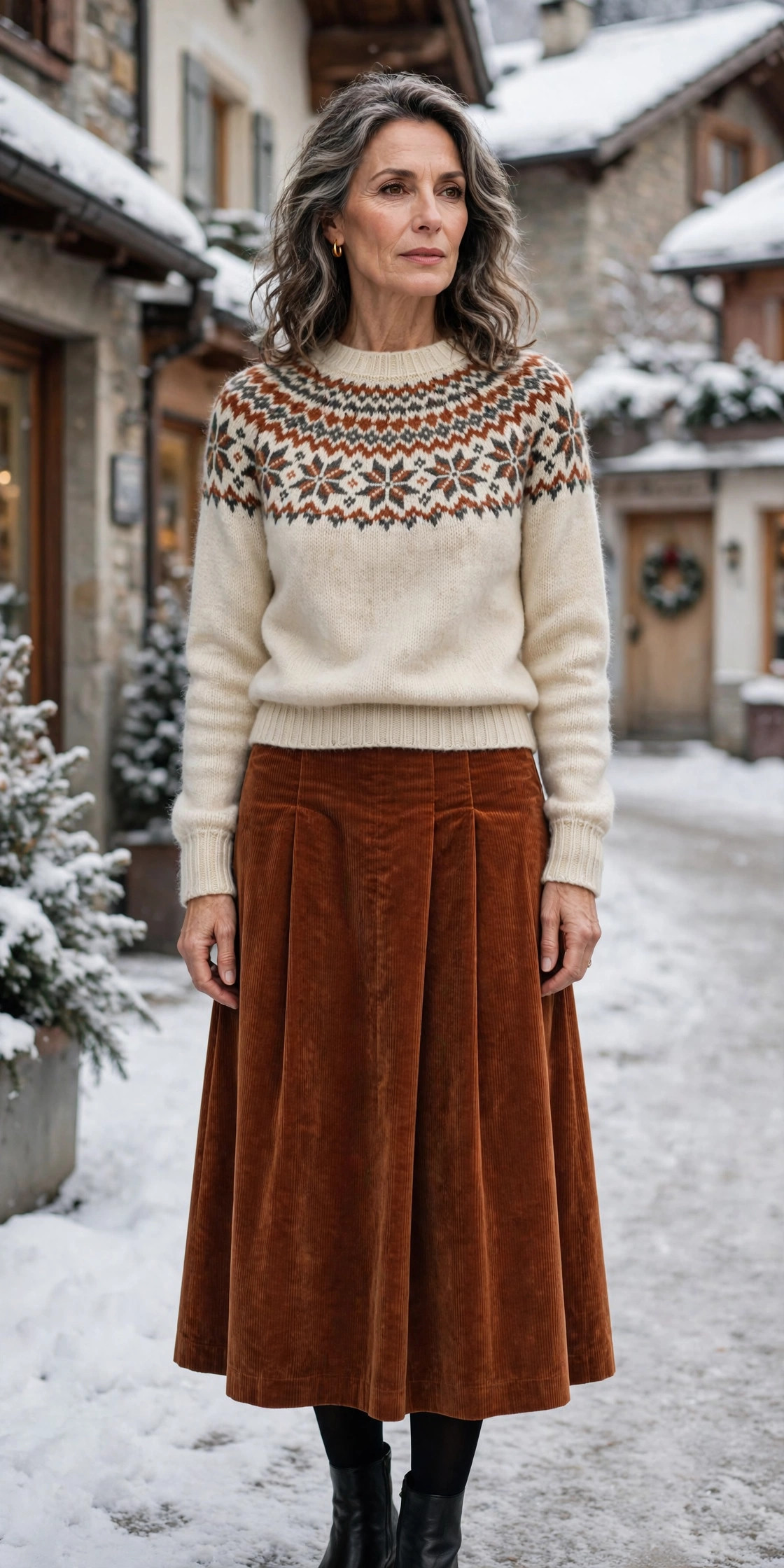 Woman over 50 in a Fair Isle yoke sweater and rust corduroy skirt in a snowy village