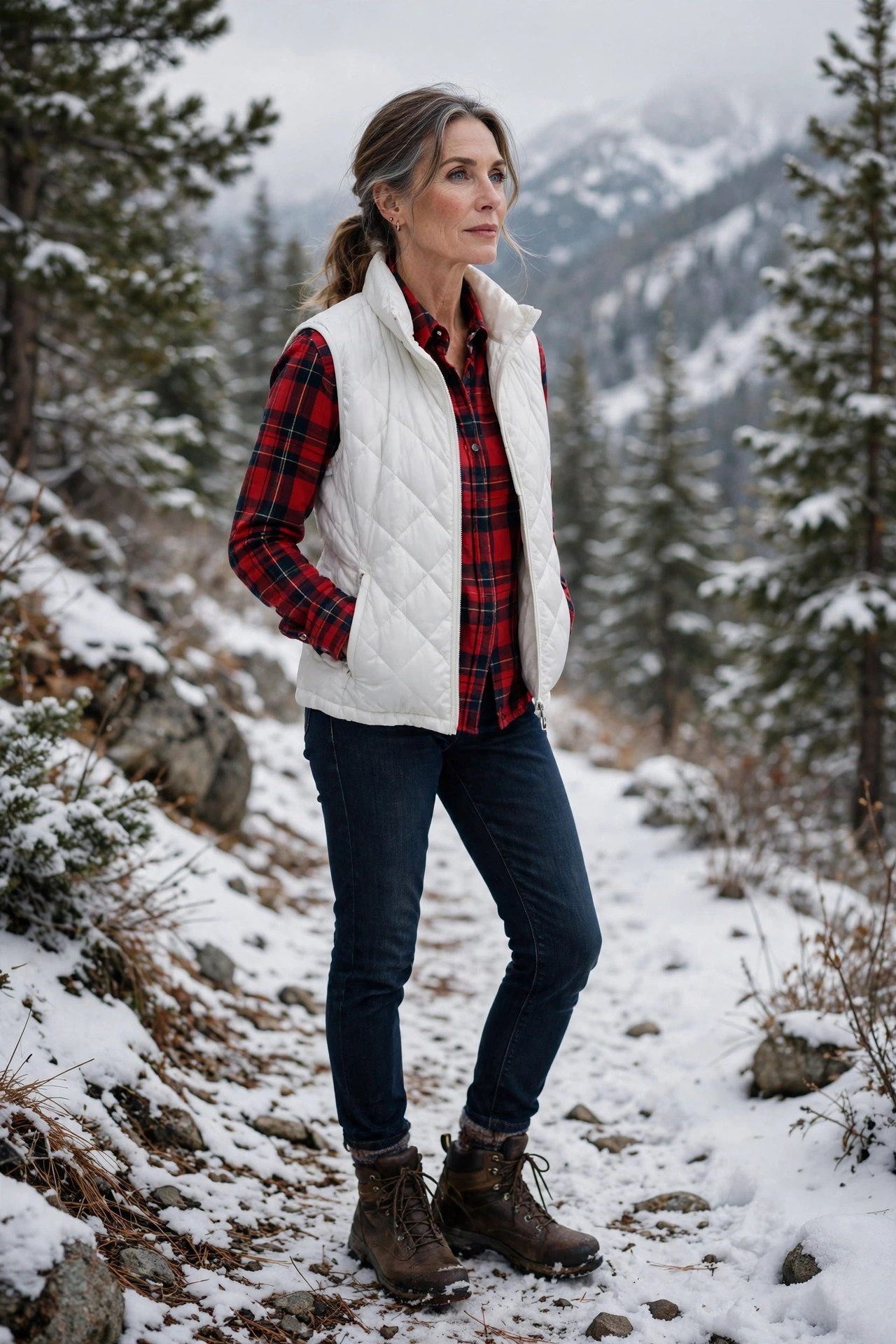 Woman over 50 in a white down vest and red flannel shirt on a snowy trail