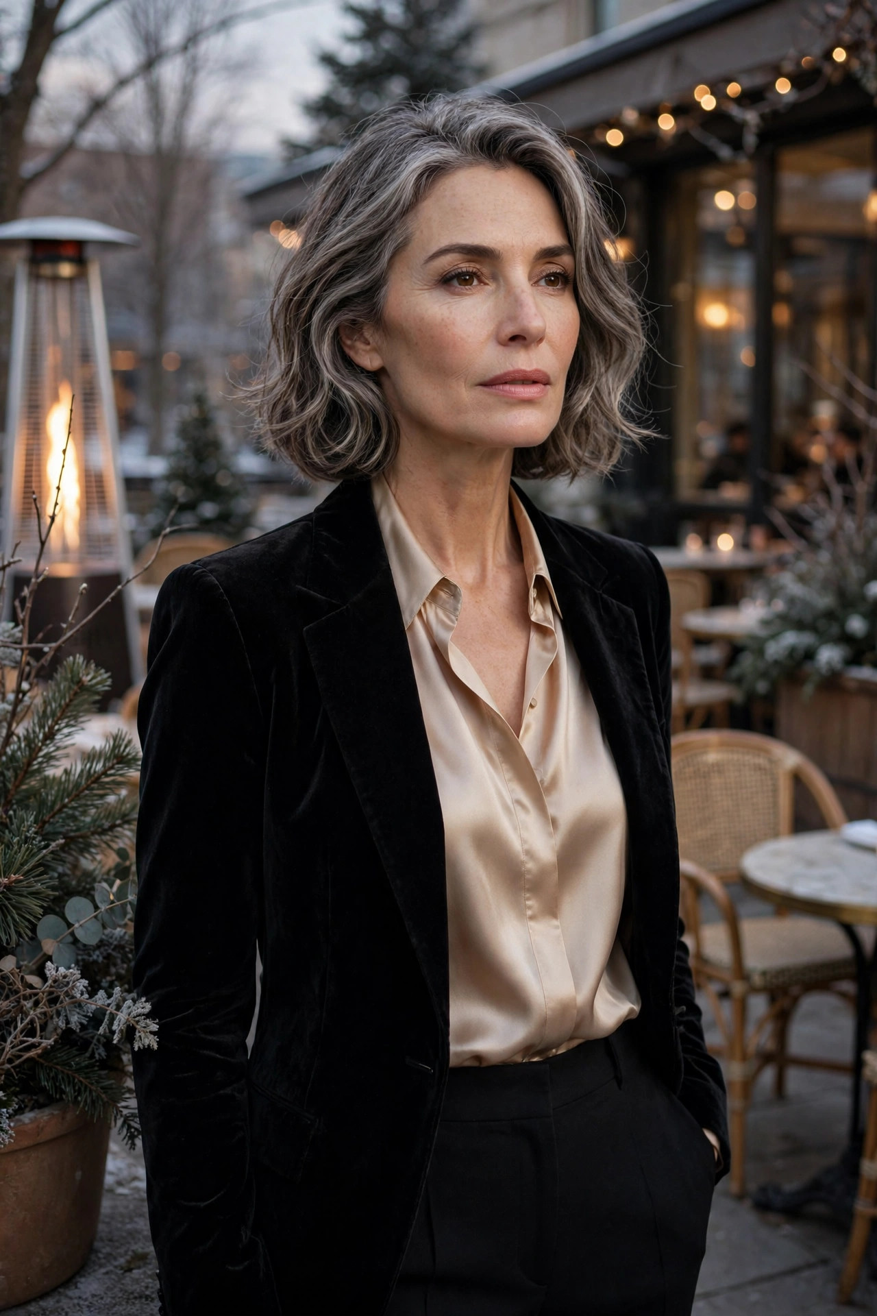 Woman over 50 in a black velvet blazer and satin blouse at a winter restaurant