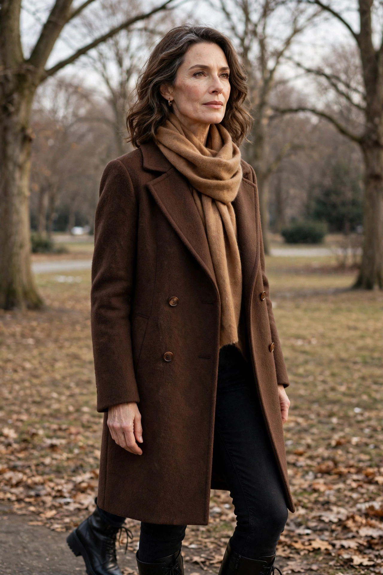Woman over 50 in a chocolate brown coat with a caramel cashmere scarf in a winter park