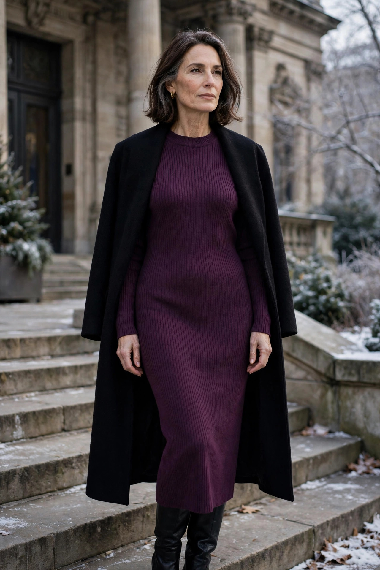 Woman over 50 in a plum knit dress and knee-high boots at a museum entrance