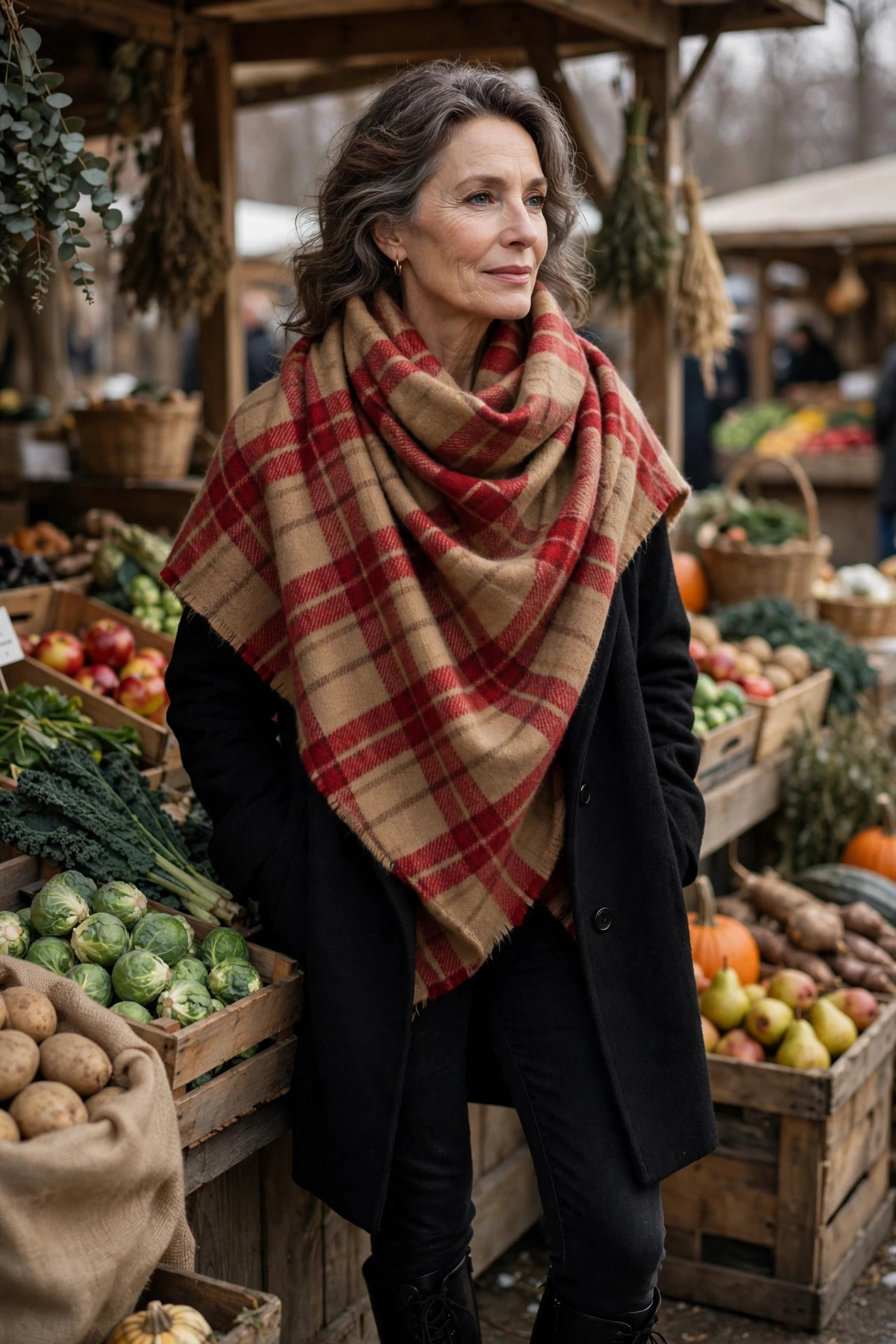Woman over 50 wearing an oversized red plaid blanket scarf over a black coat at a winter market